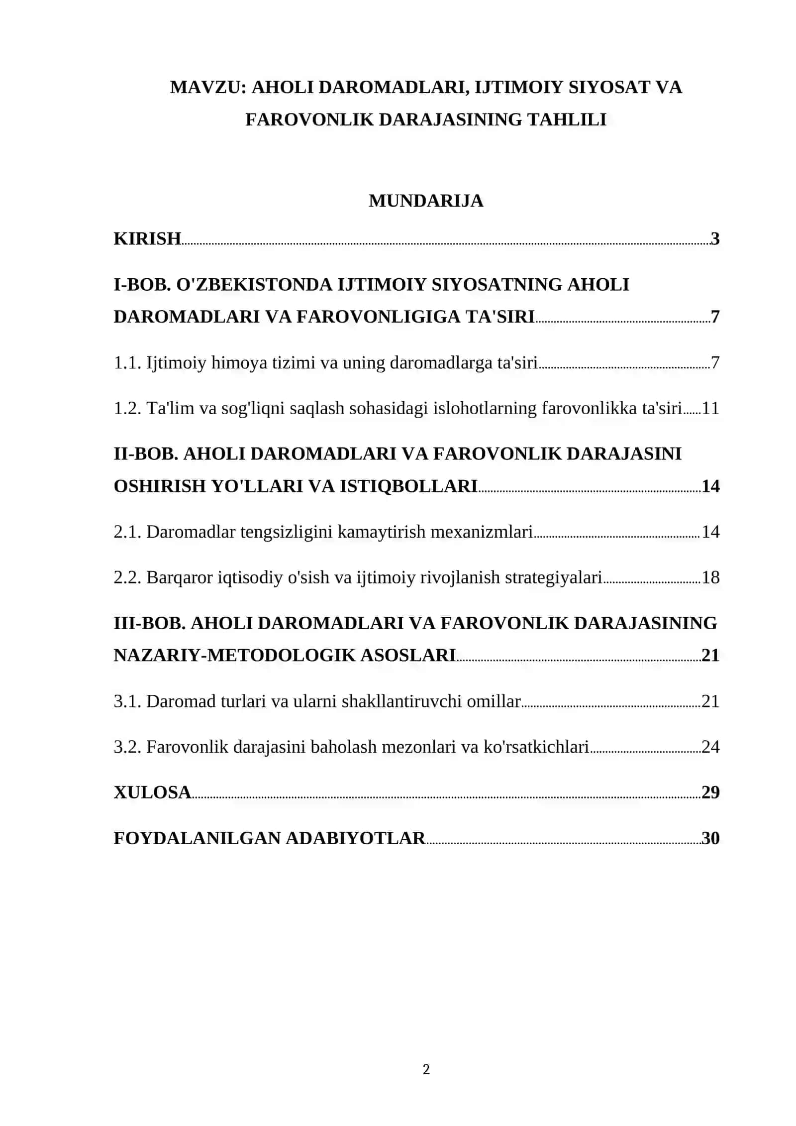 AHOLI DAROMADLARI, IJTIMOIY SIYOSAT VA FAROVONLIK DARAJASINING TAHLILI 2
