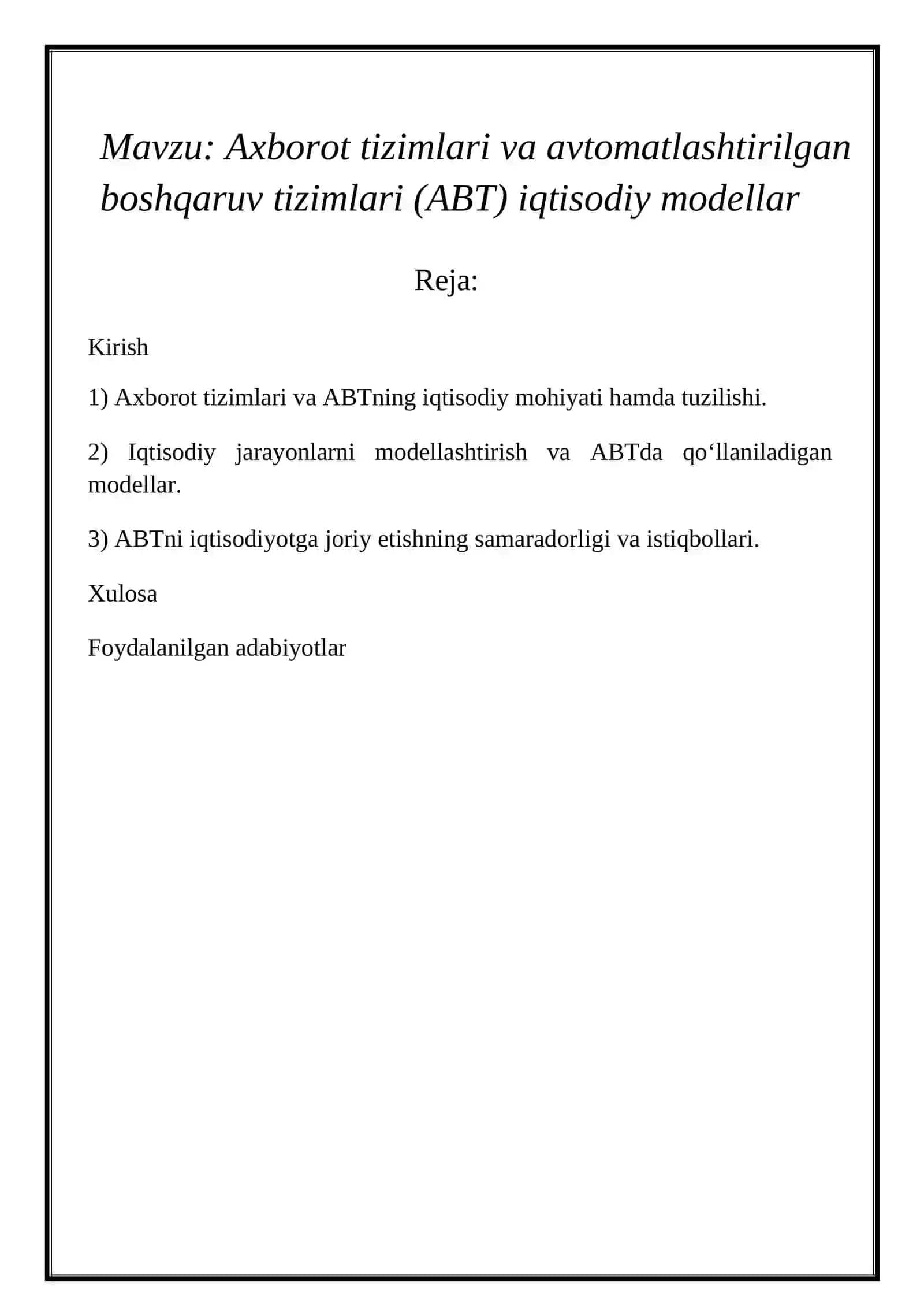 Axborot tizimlari va avtomatlashtirilgan boshqaruv tizimlari (ABT) iqtisodiy modellar 2