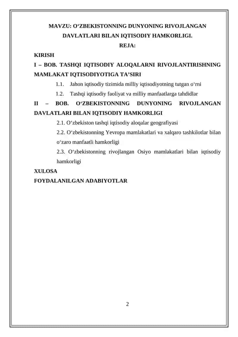 O‘ZBEKISTONNING DUNYONING RIVOJLANGAN DAVLATLARI BILAN IQTISODIY HAMKORLIGI 2