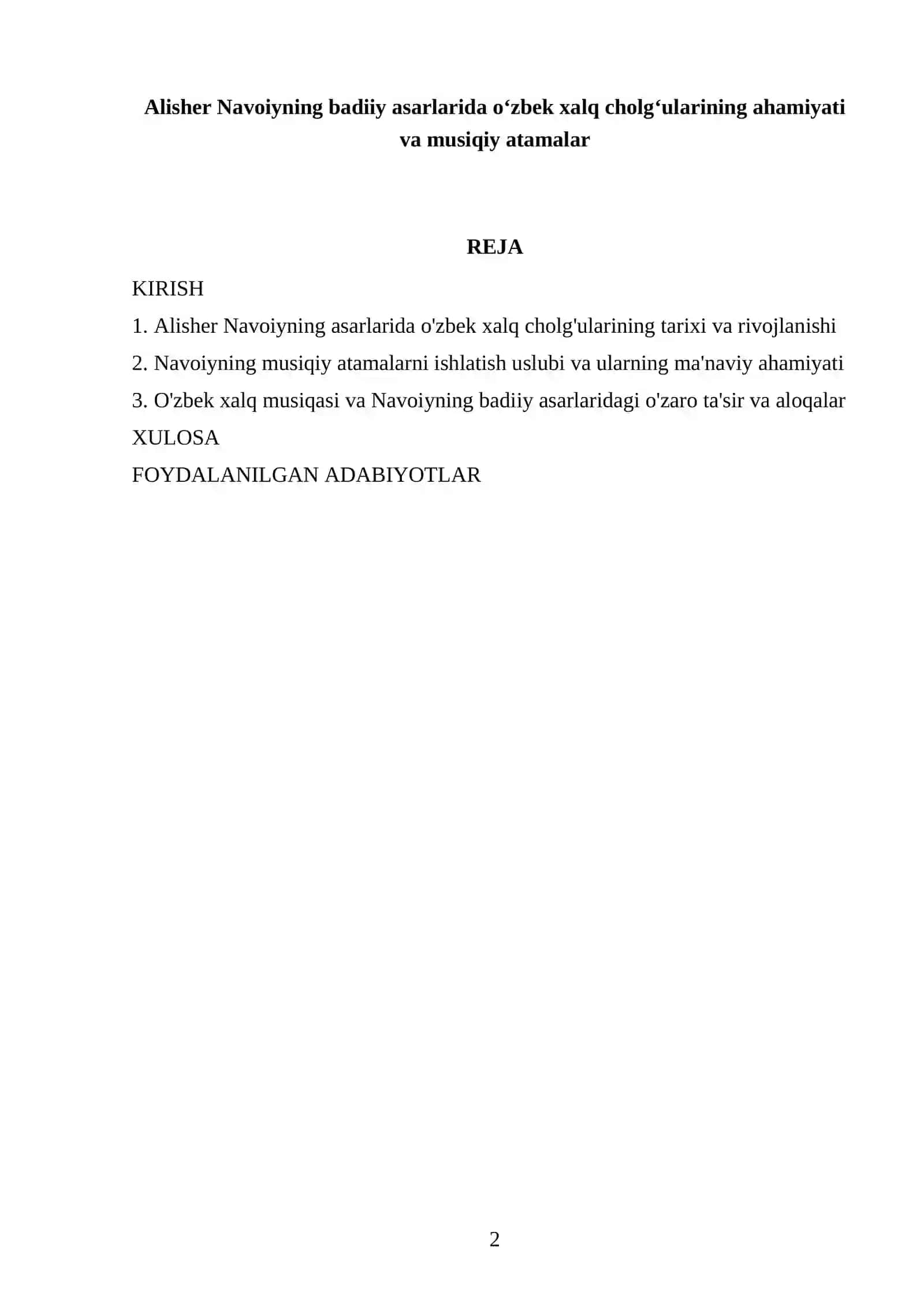 Alisher Navoiyning badiiy asarlarida oʻzbek xalq cholgʻularining ahamiyati va musiqiy atamalar REFERATI 2