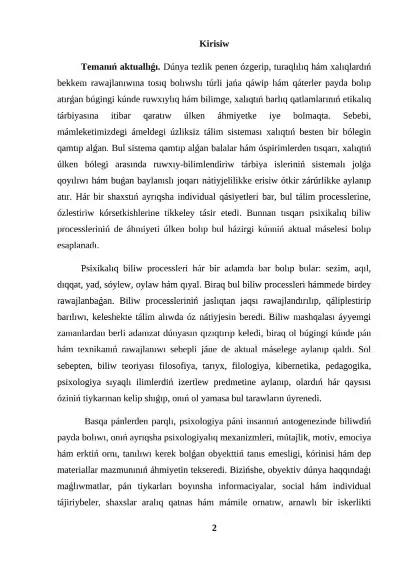 BILIW PROCESSLERIN EKSPERIMENTAL TÚRDE ANALIZLEW 2