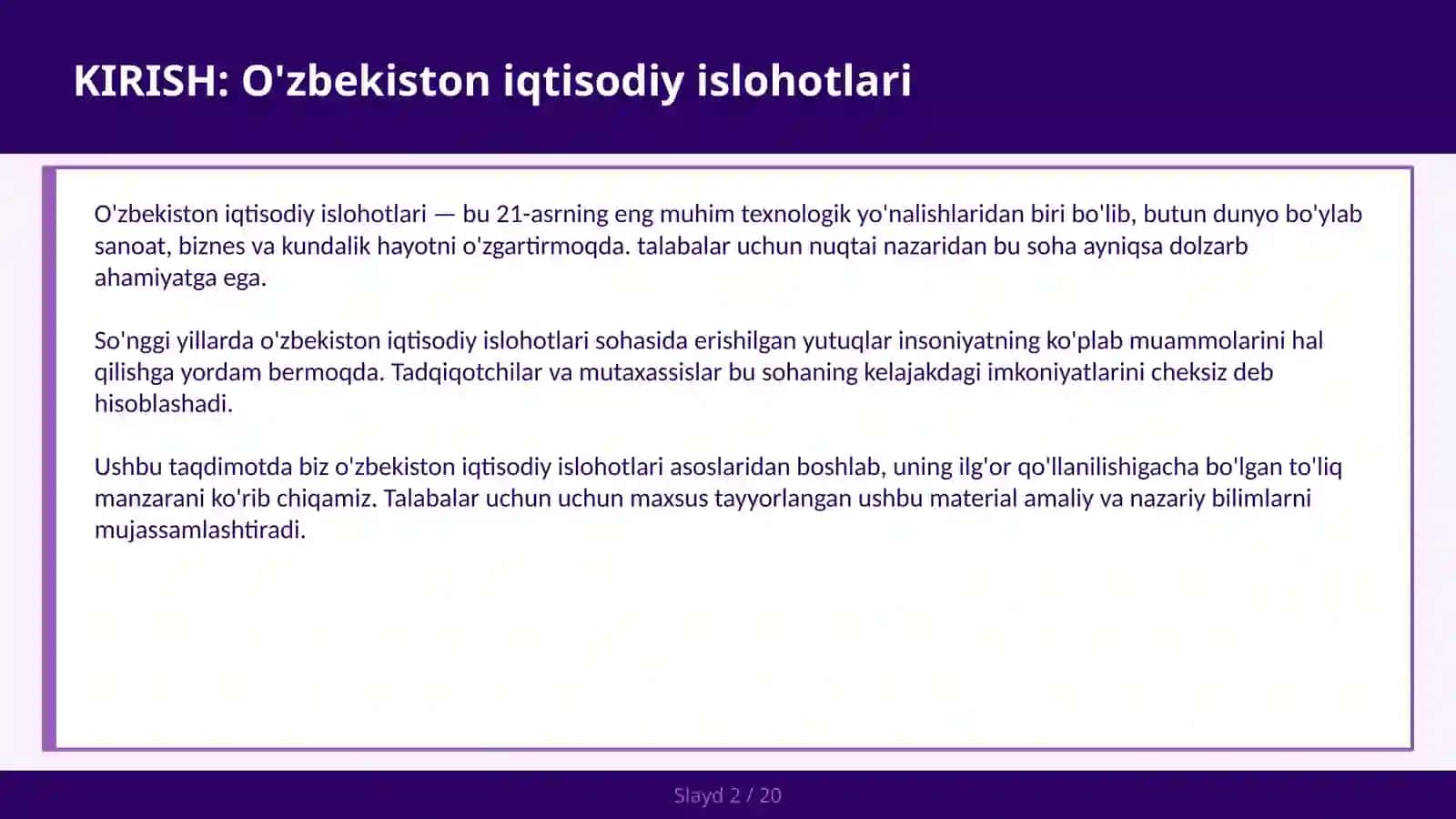 O'ZBEKISTON IQTISODIY ISLOHOTLARI 2030 maqsadlari va raqamlashtirish — talabalar uchun 2