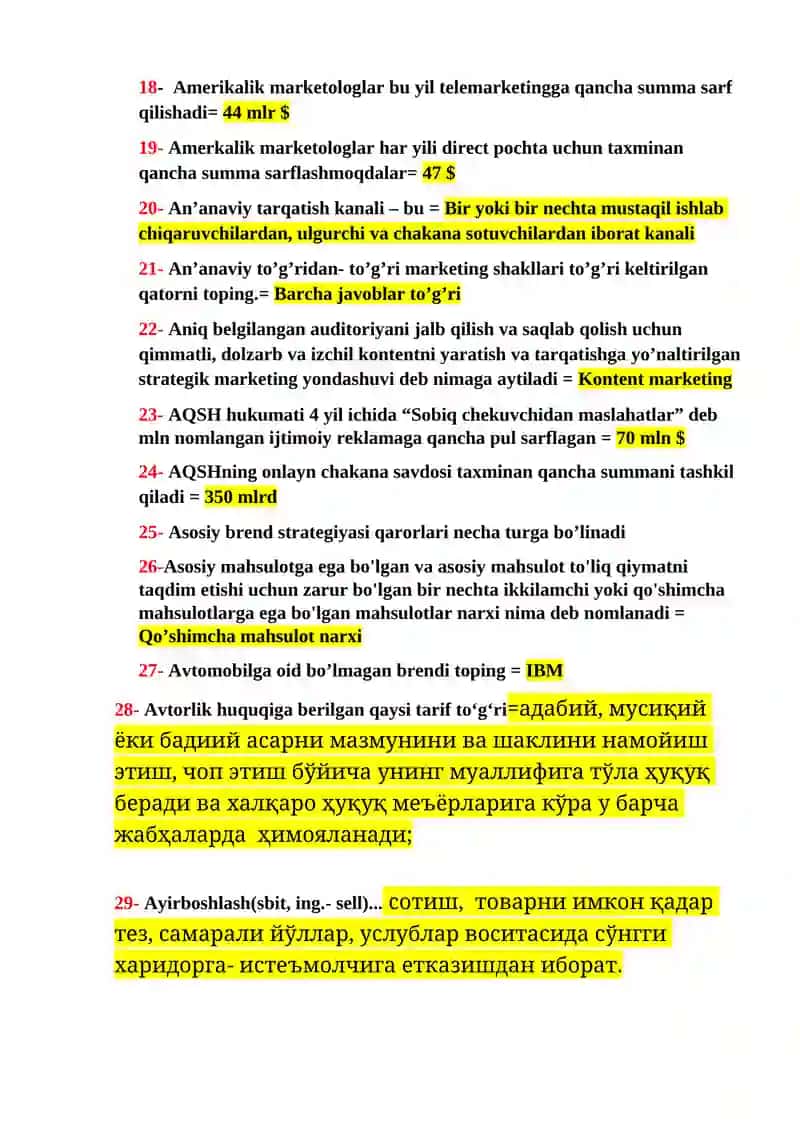 Principles of Marketing fanidan yakuniy nazorat testlari - JAVOBLARI 2
