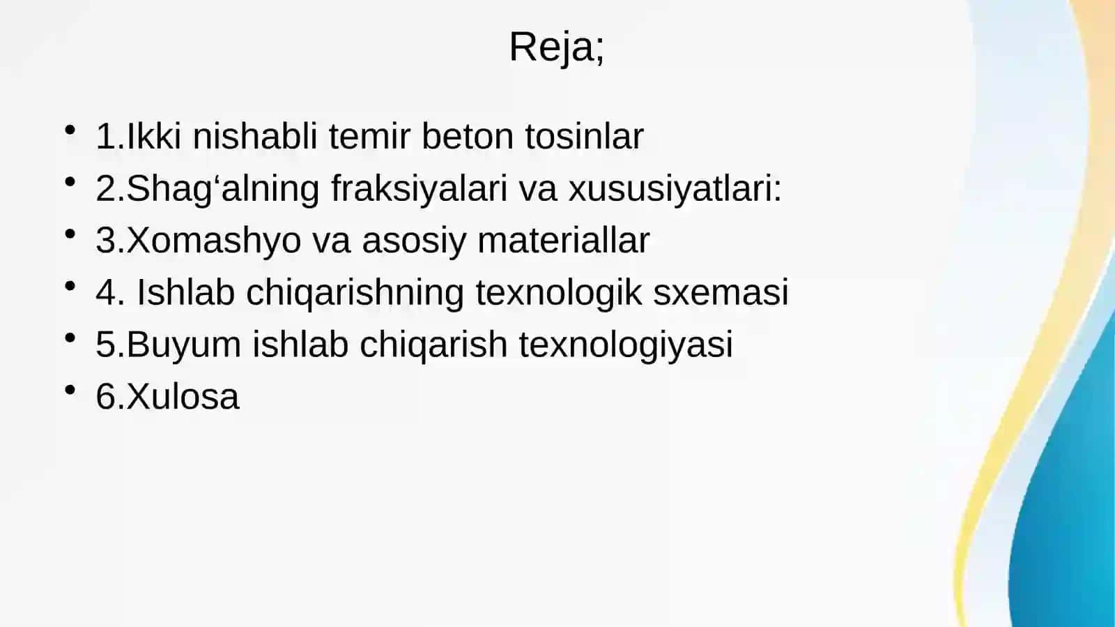 Taqdimot: Ikki nishabli temir beton to’sinlar ishlab chiqarish korxonasini loyihalash.Mahsuldorligi 36500m3/yil 2