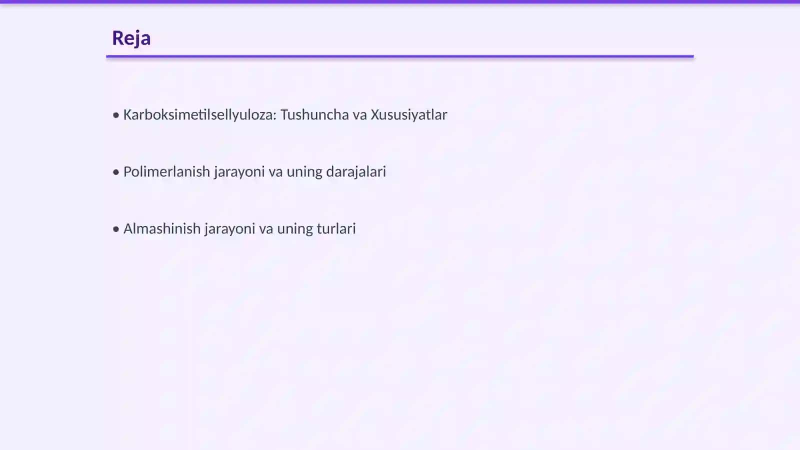 Polimerlanish va almashinish darajasi turlicha boʻlgan karboksimetilsellyuloza dengizi va ularni tozalash usullari 2