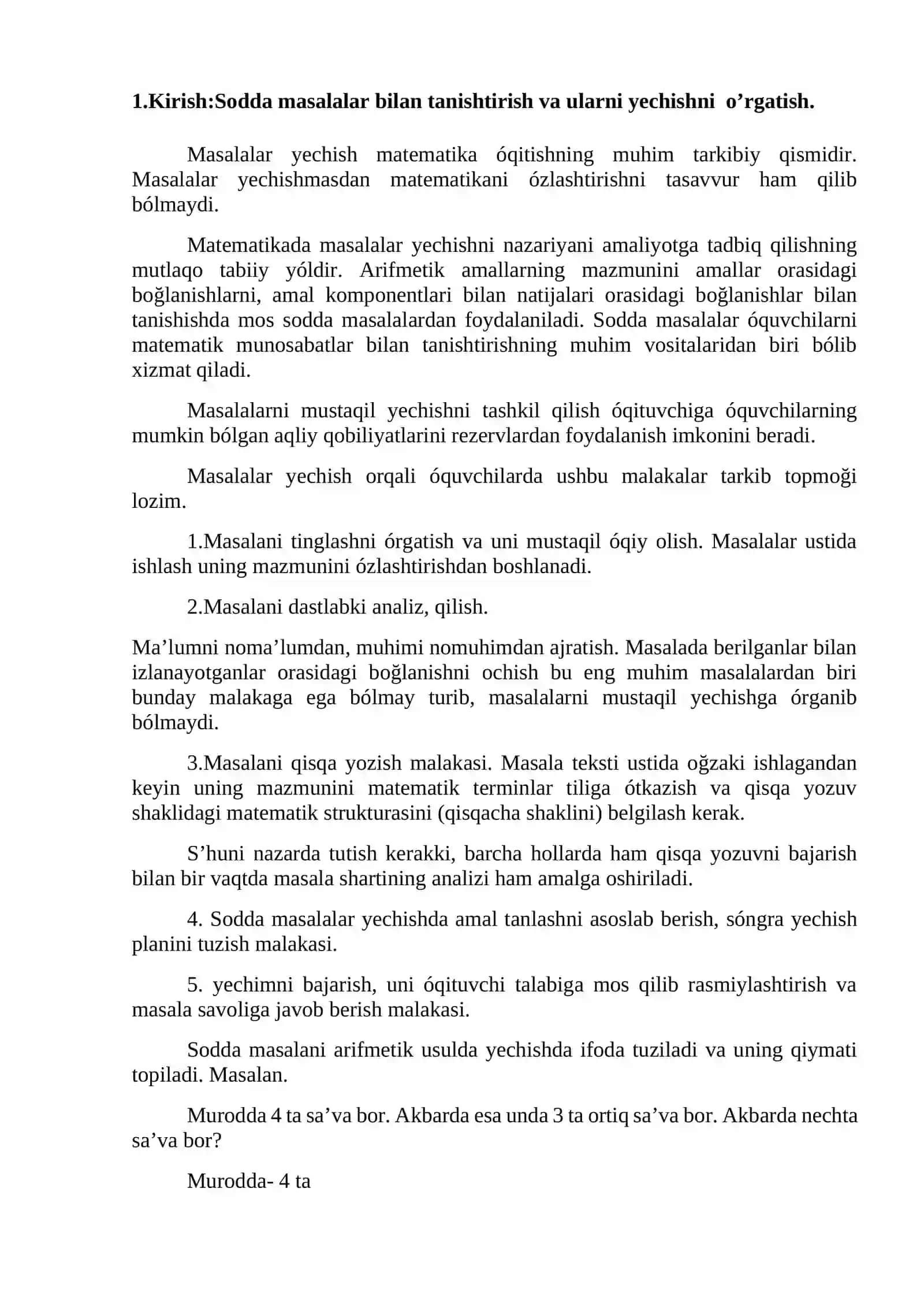 Sodda masalalar yechishda o'qitishning modellashtirish usulidan foydalanish 2