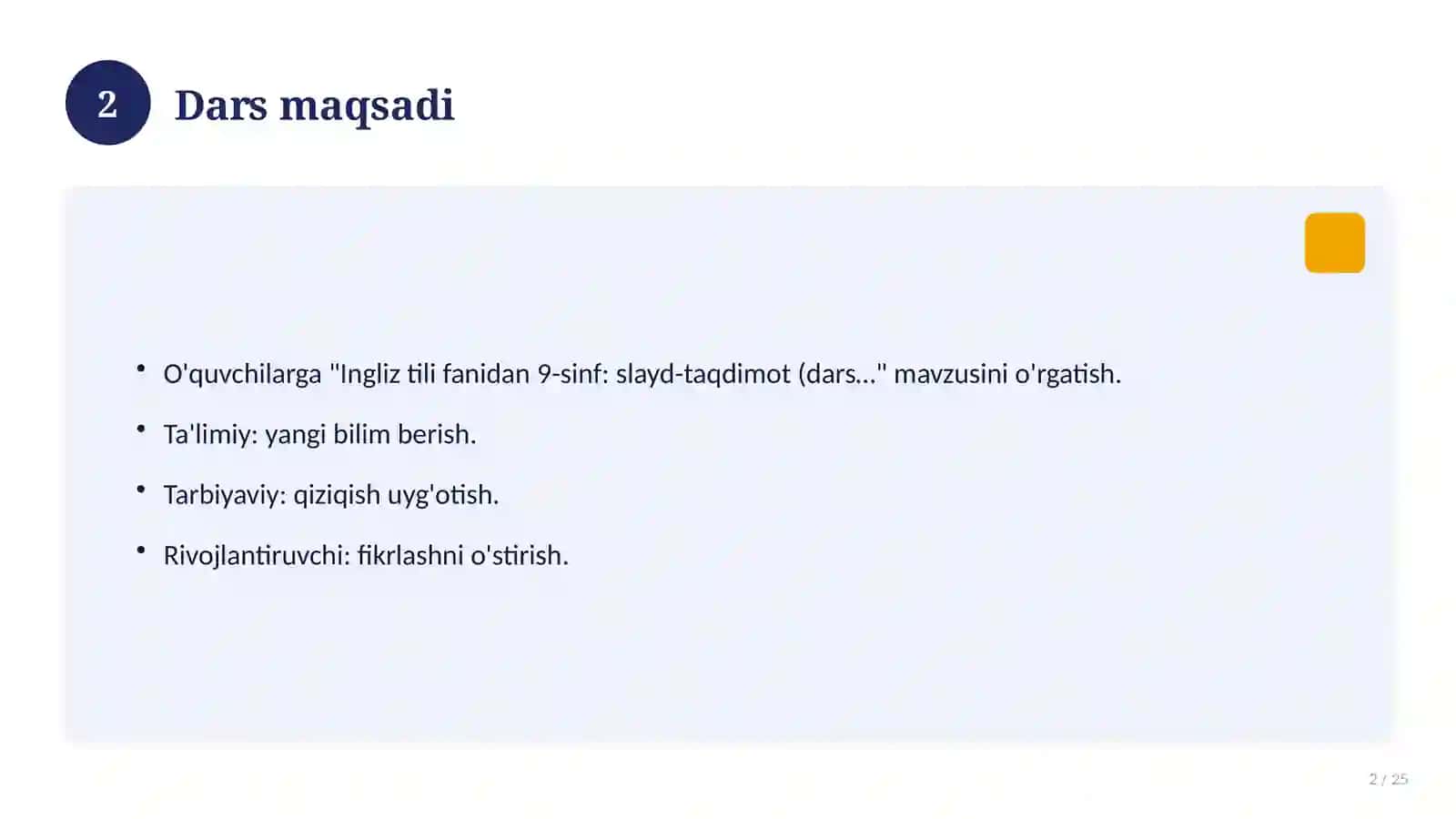 Ingliz tili fanidan 9-sinf: slayd-taqdimot (dars uchun) 2