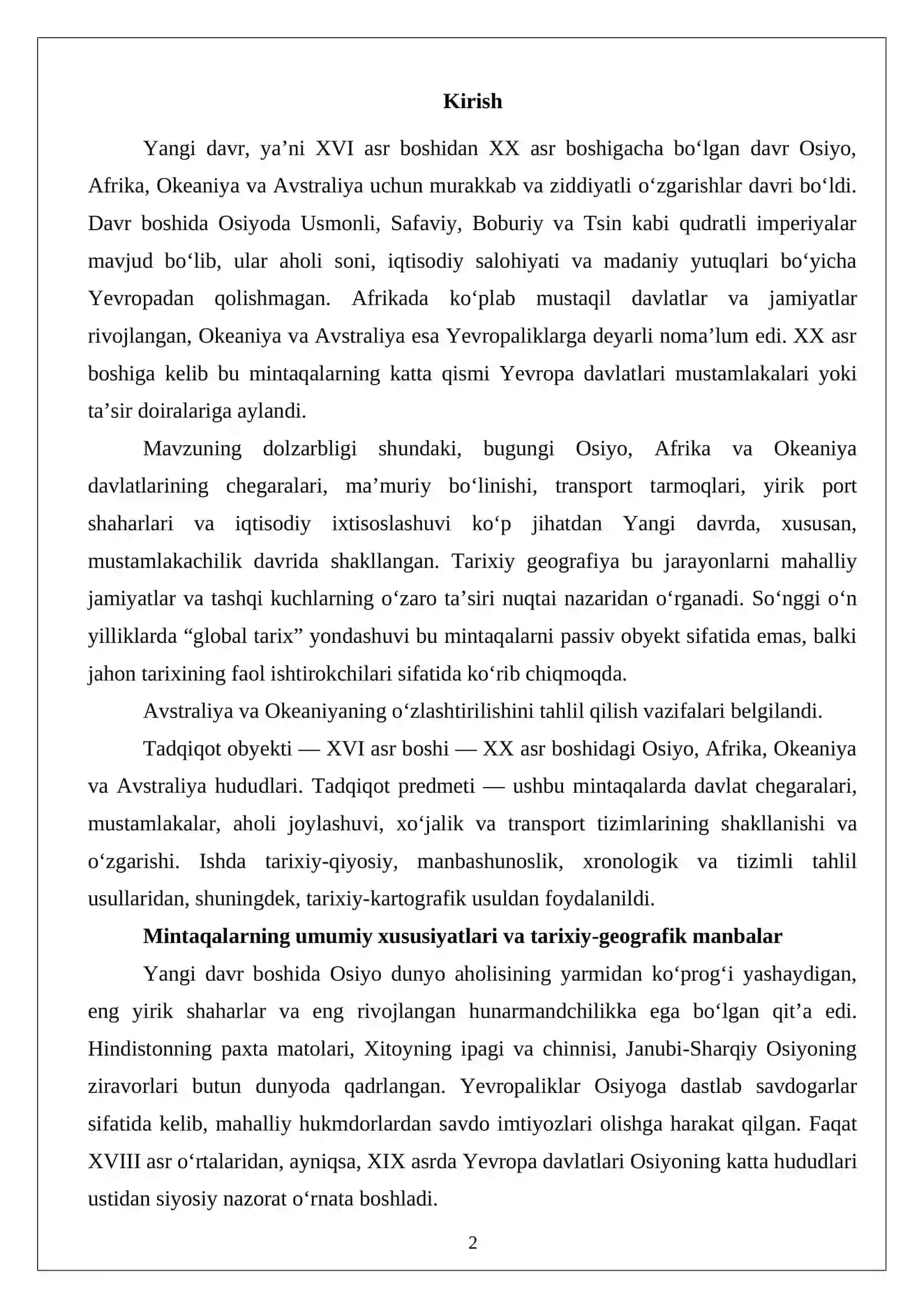 Yangi davrda Osiyo, Afrika, Okeaniya va Avstraliya tarixiy geografiyasi 2