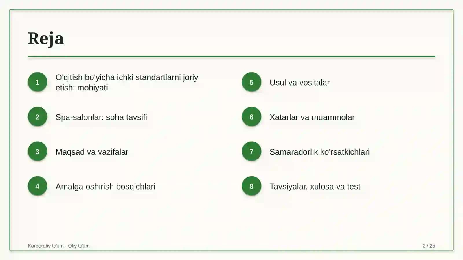 spa salonlarda o'qitish sohasidagi ichki standartlarni joriy etish 4672 2