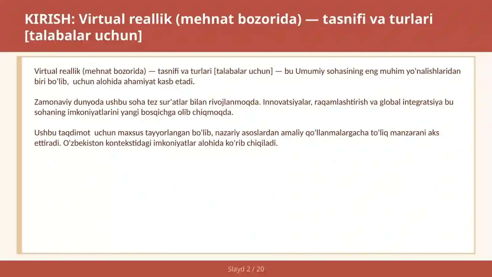 Virtual reallik (mehnat bozorida) — tasnifi va turlari [talabalar uchun] 2