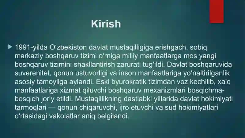 Mustaqillik yillarida davlat boshqaruvi tizimida amalga oshirilgan islohotlar 2