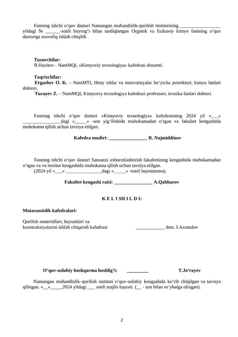 ORGANIK VA FIZIKAVIY KIMYO FANINING ISHCHI O‘QUV dasturI 2