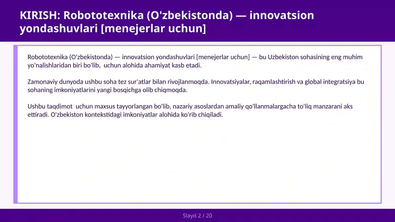 Robototexnika (O'zbekistonda) — innovatsion yondashuvlari [menejerlar uchun] 2