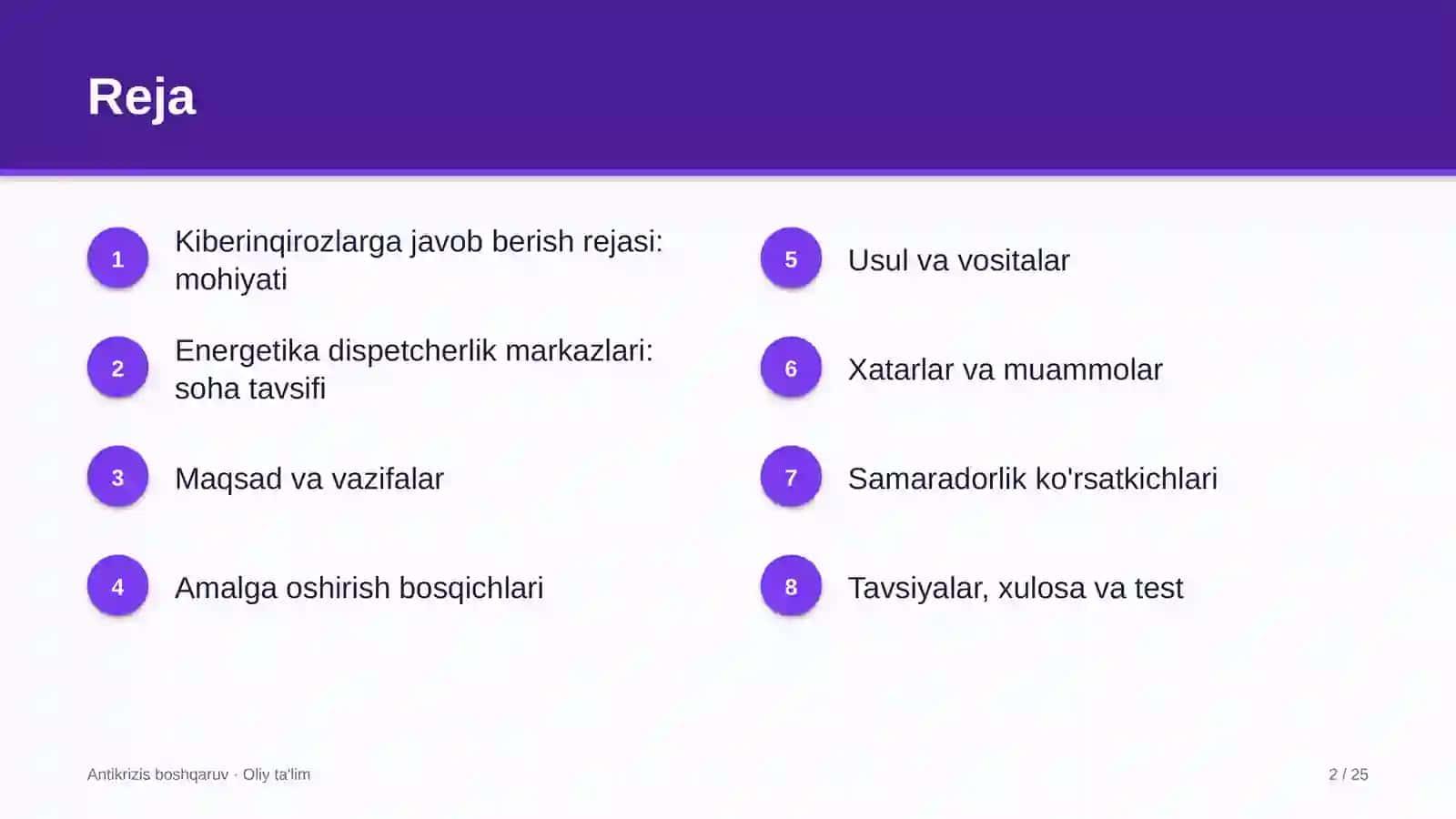Energetika dispetcherlik markazlarida kiberinqirozlarga javob berish rejasi 2