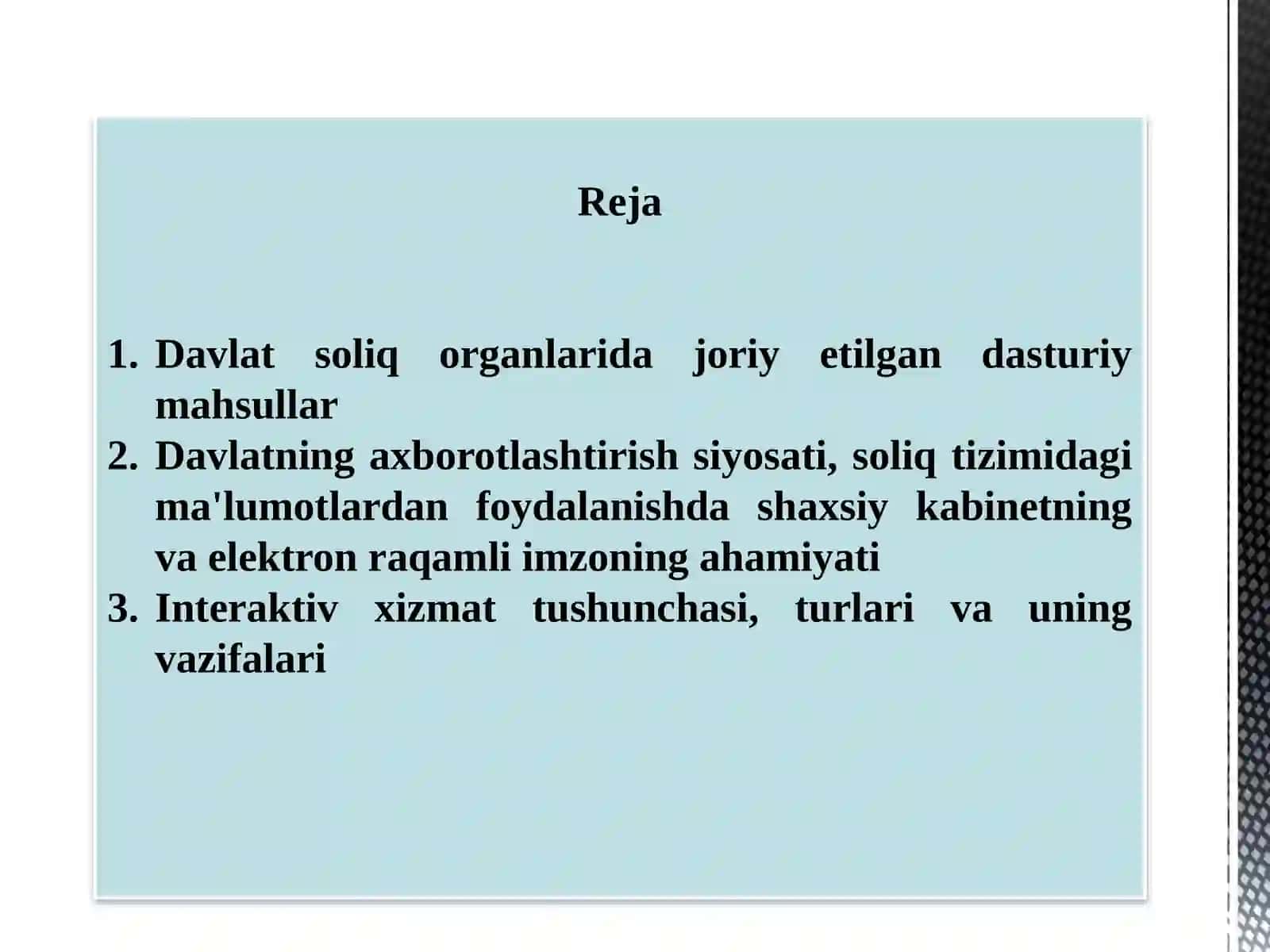 Davlat soliq organlarida joriy etilgan dasturiy mahsullar hamda soliq to'lovchilarga ko'rsatiladigan xizmatlar 2