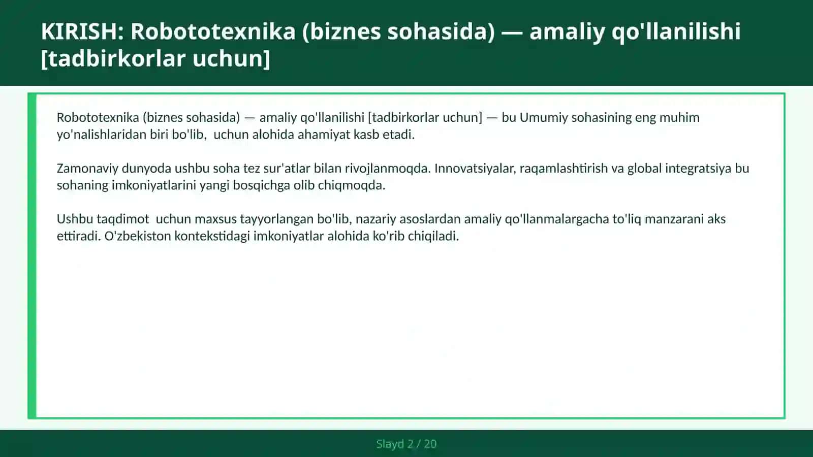 ROBOTOTEXNIKA (BIZNES SOHASIDA) — AMALIY QO'LLANILISHI [TADBIRKORLAR UCHUN] 2