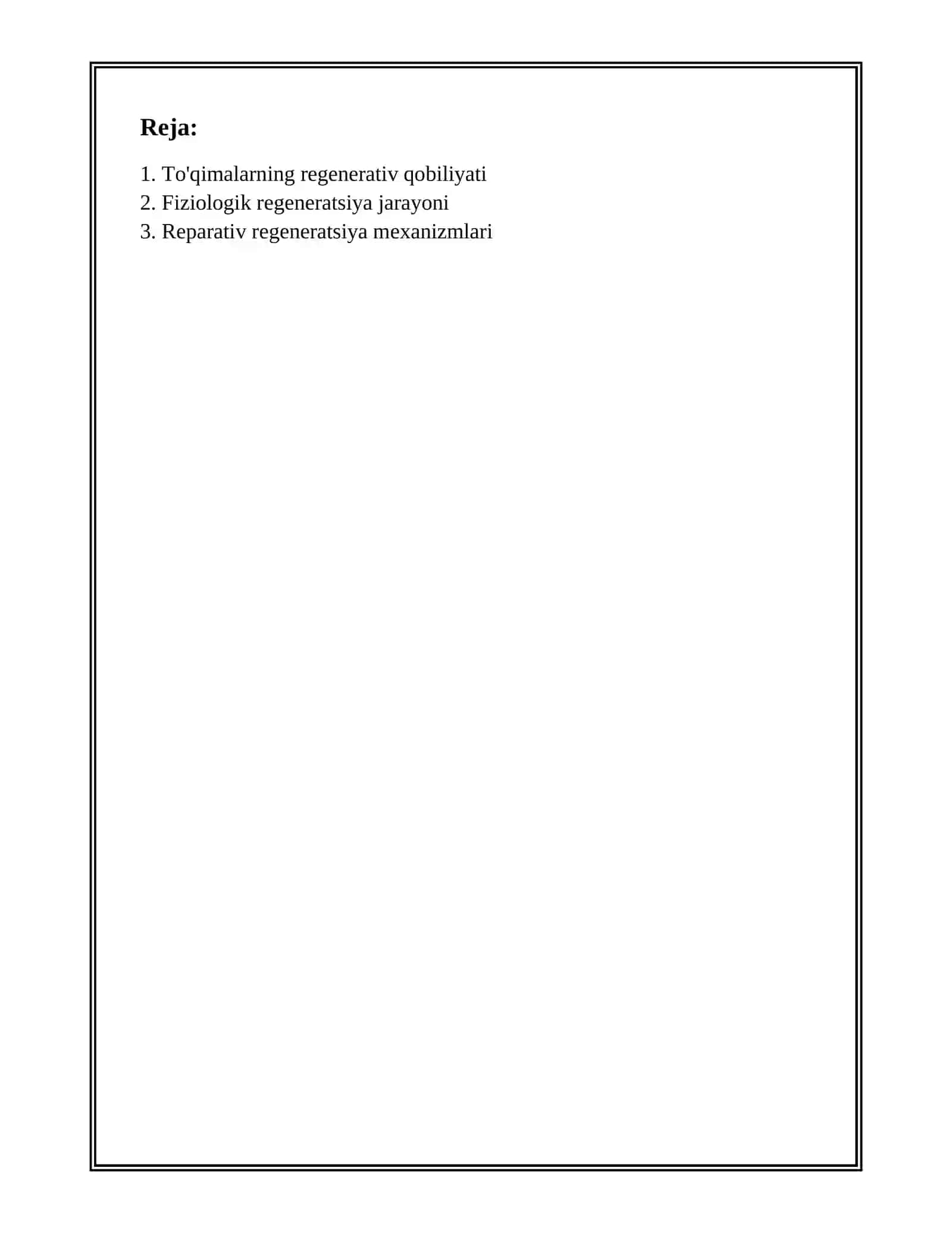 TOʻQIMALARNING FIZIOLOGIK VA REPARATIV REGENERATSIYASI.TOʻQIMALAR OʻZGARUVCHANLIGI CHEGARALARI 2