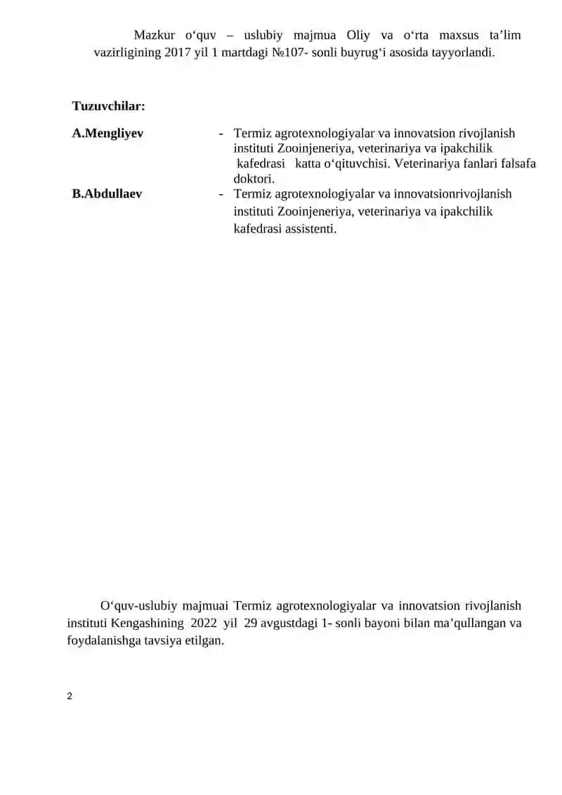 VETERINARIYDA ILMIY IZLANISH USULLARI FANIDAN O‘QUV – USLUBIY MAJMUA 2