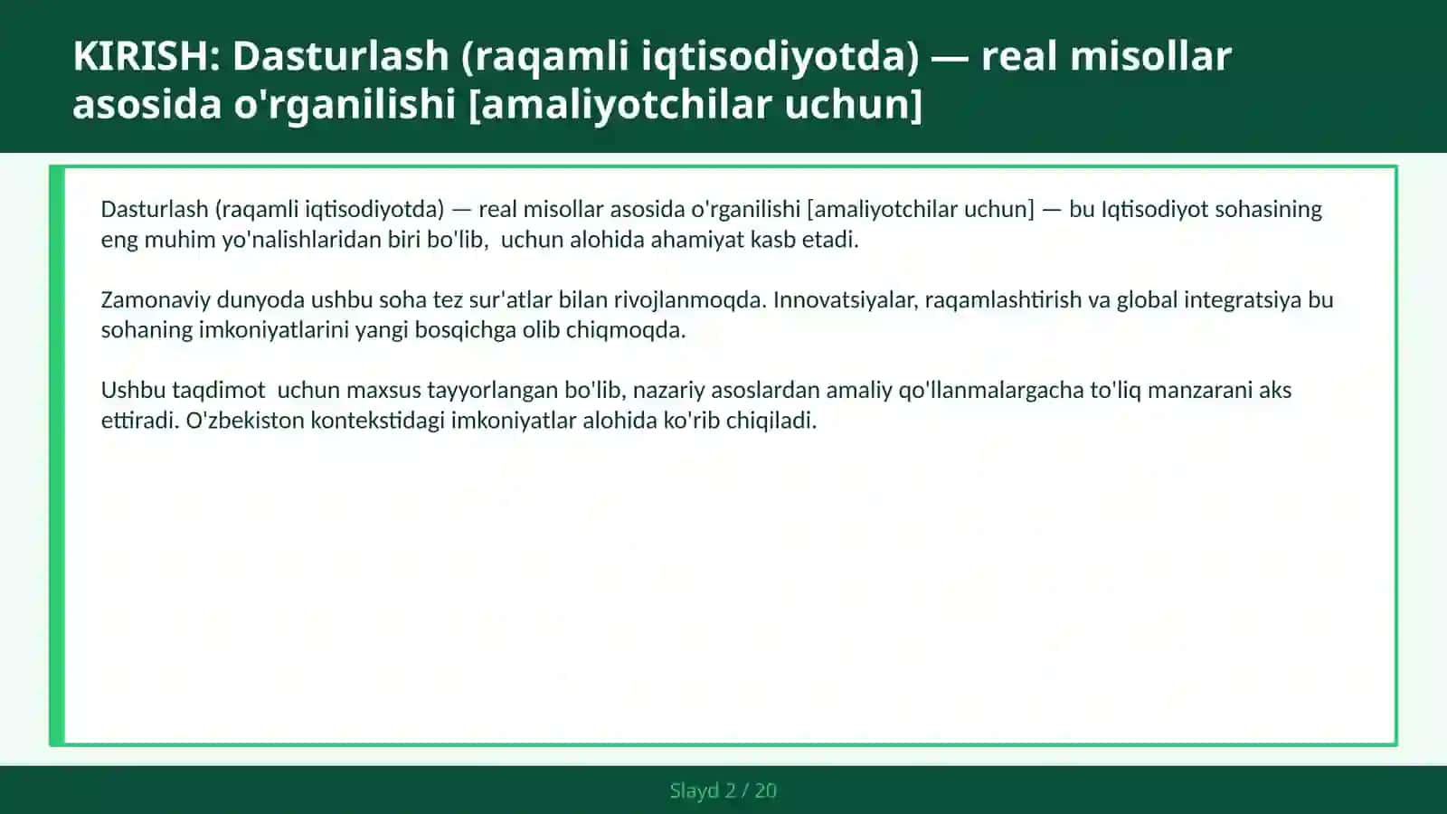 Dasturlash (raqamli iqtisodiyotda) - real misollar asosida o'rganilishi [amaliyotchilar uchun] 2