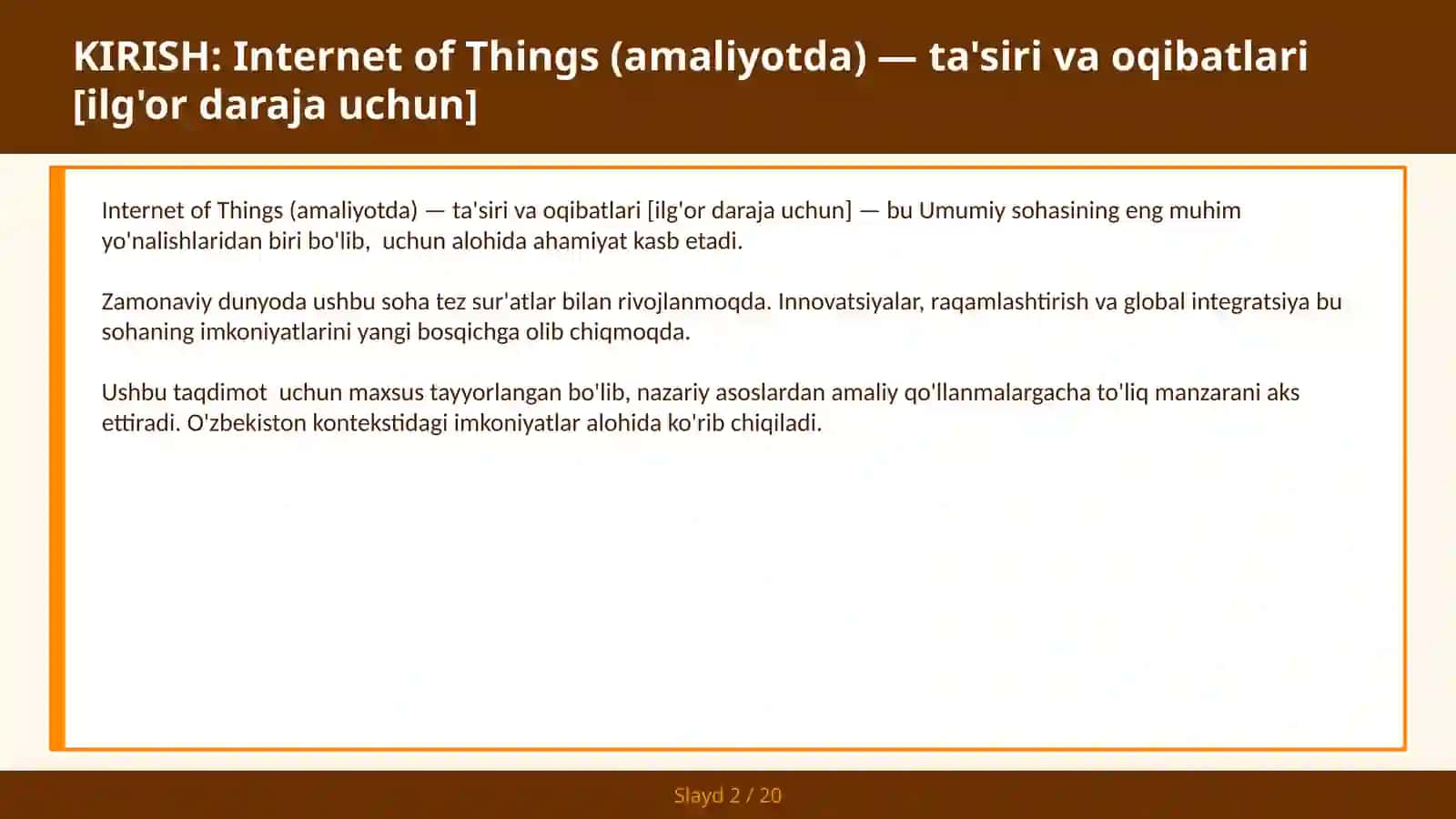 INTERNET OF THINGS (AMALIYOTDA) — TA'SIRI VA OQIBATLARI [ILG'OR DARAJA UCHUN] 2
