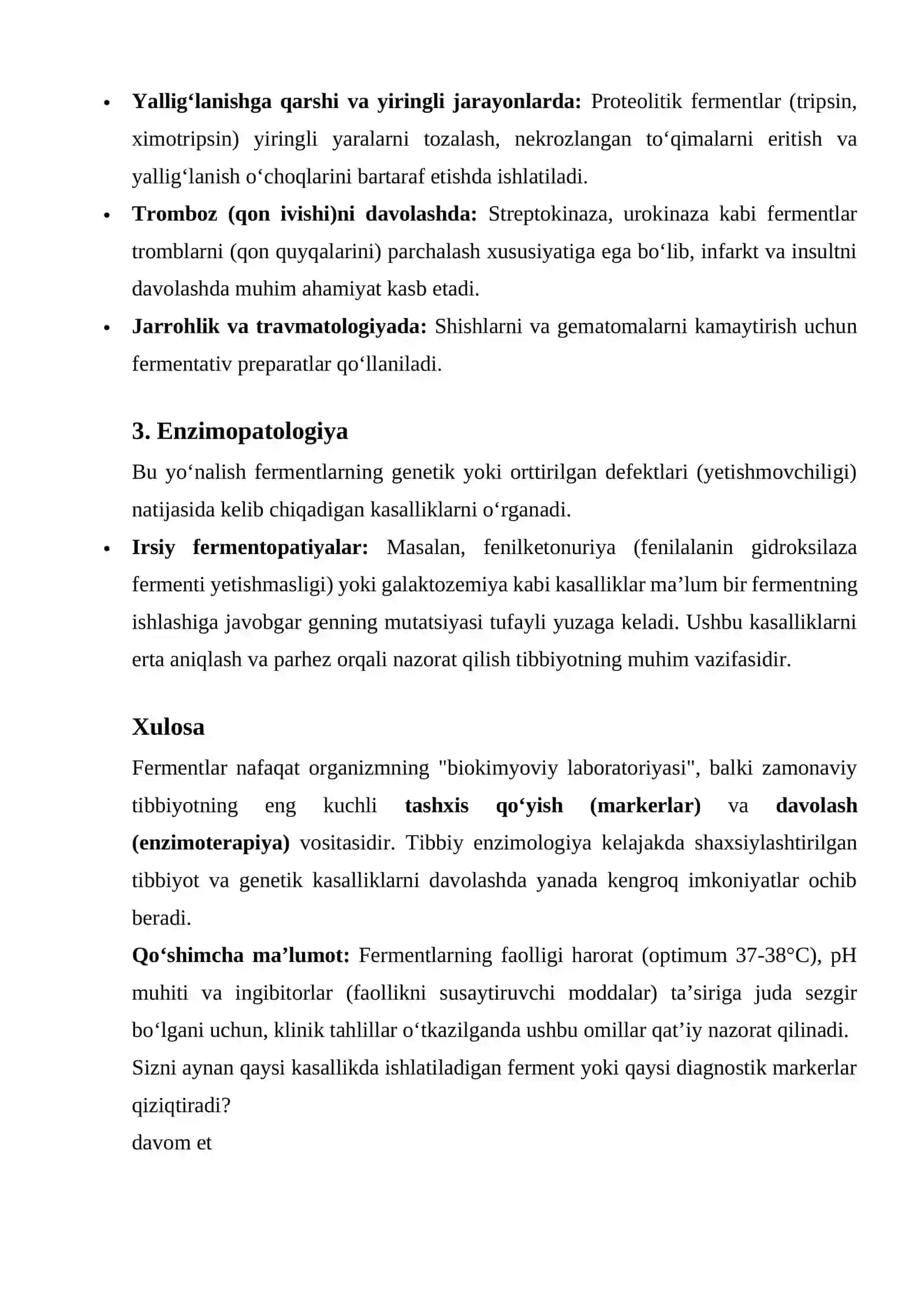 Tibbiy enzimologiya. Fermentlarning tibbiyotda qo`llanilishi 2