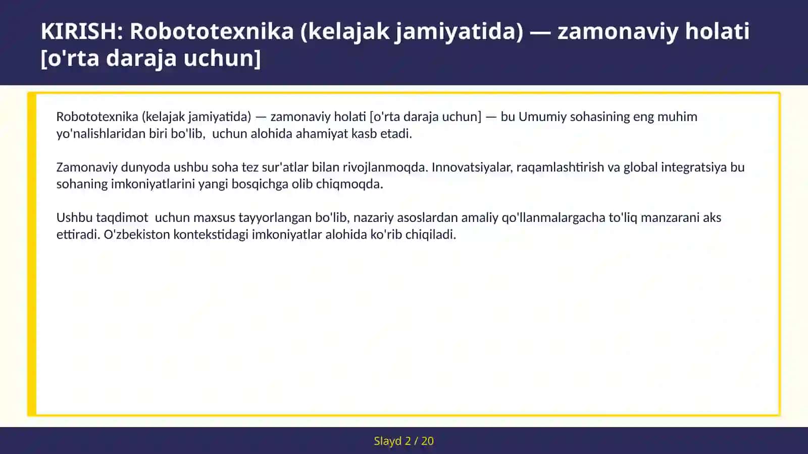 Robototexnika (kelajak jamiyatida) — zamonaviy holati [o'rta daraja uchun] 2