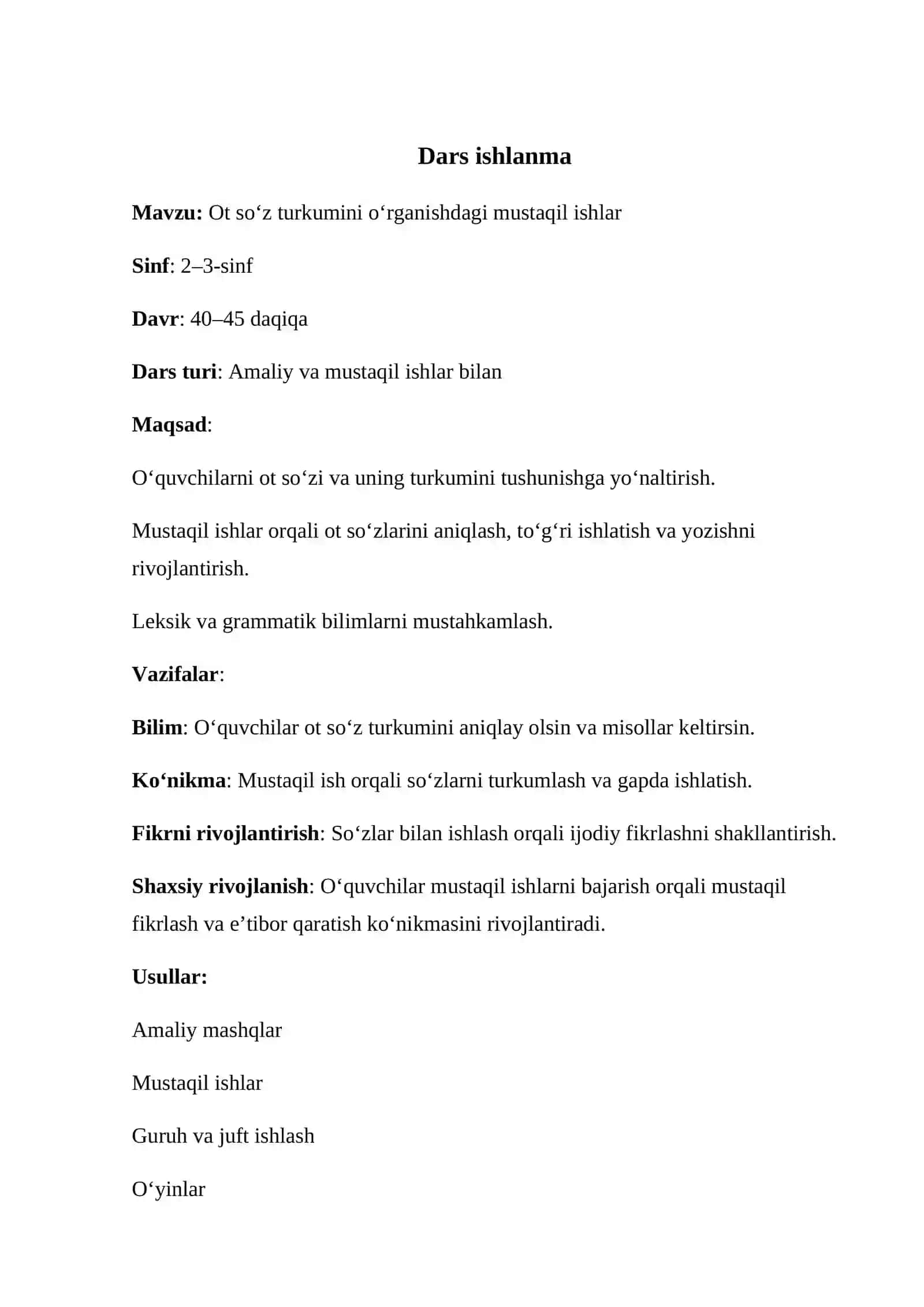 Ot so‘z turkumini o‘rganishdagi mustaqil ishlar 2