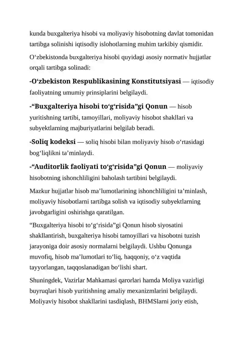 Buxgalteriya Hisobi va Moliyaviy Hisobotni Tartibga Soluvchi Me’yoriy-Huquqiy Asoslar 2