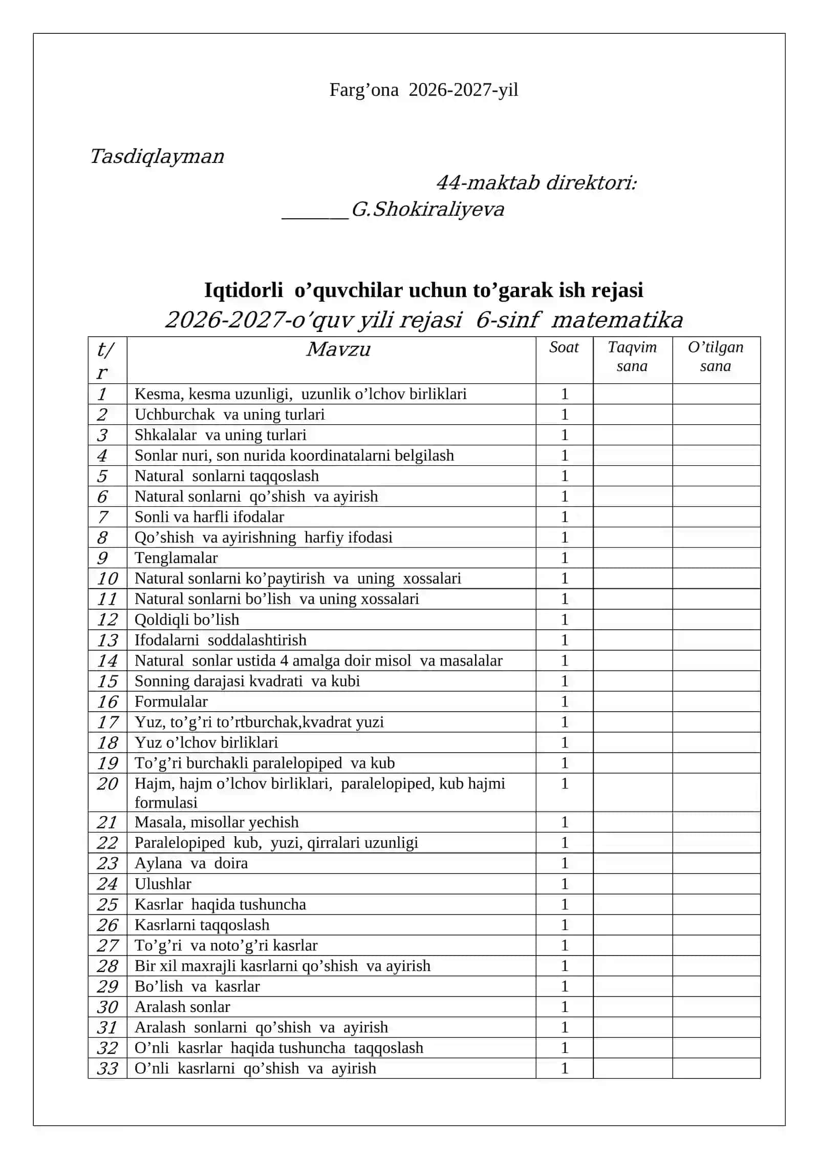 Iqtidorli o’quvchilar uchun to’garak ish rejasi 2026-2027-o’quv yili 2