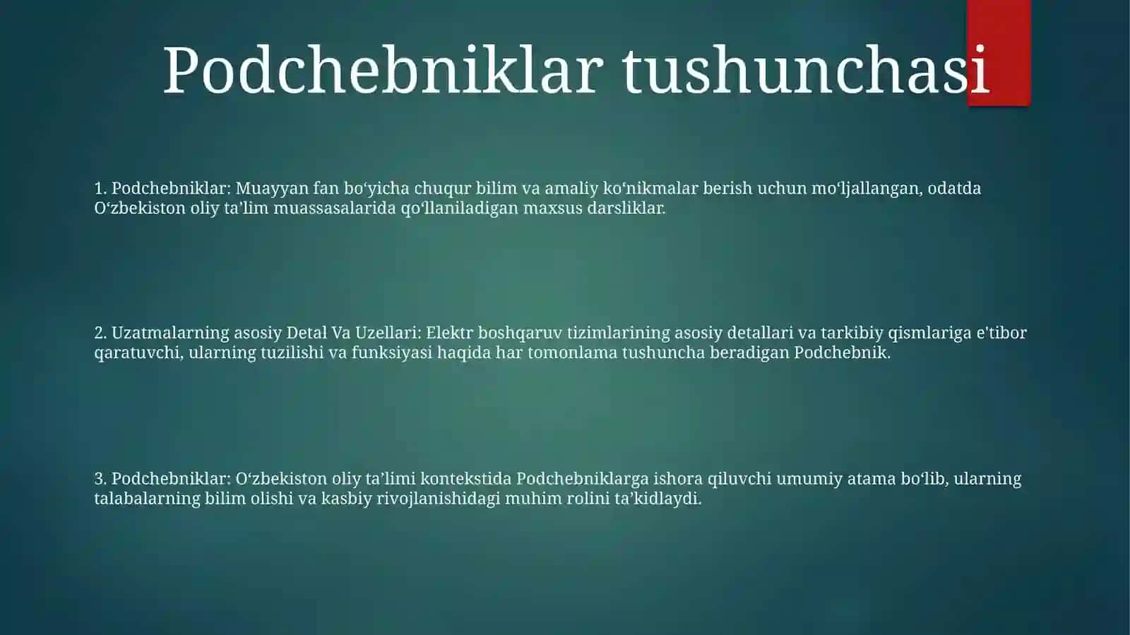Uzatmalarning Asosiy Detal Va Uzellari. Podchebniklar 2