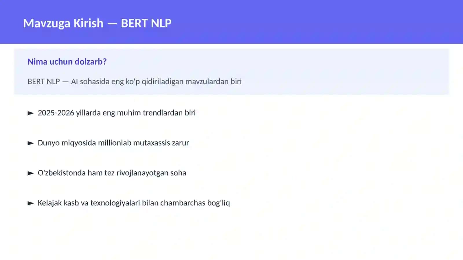 AI | DEEP LEARNING VA NEYRON TARMOQLAR BERT NLP 2