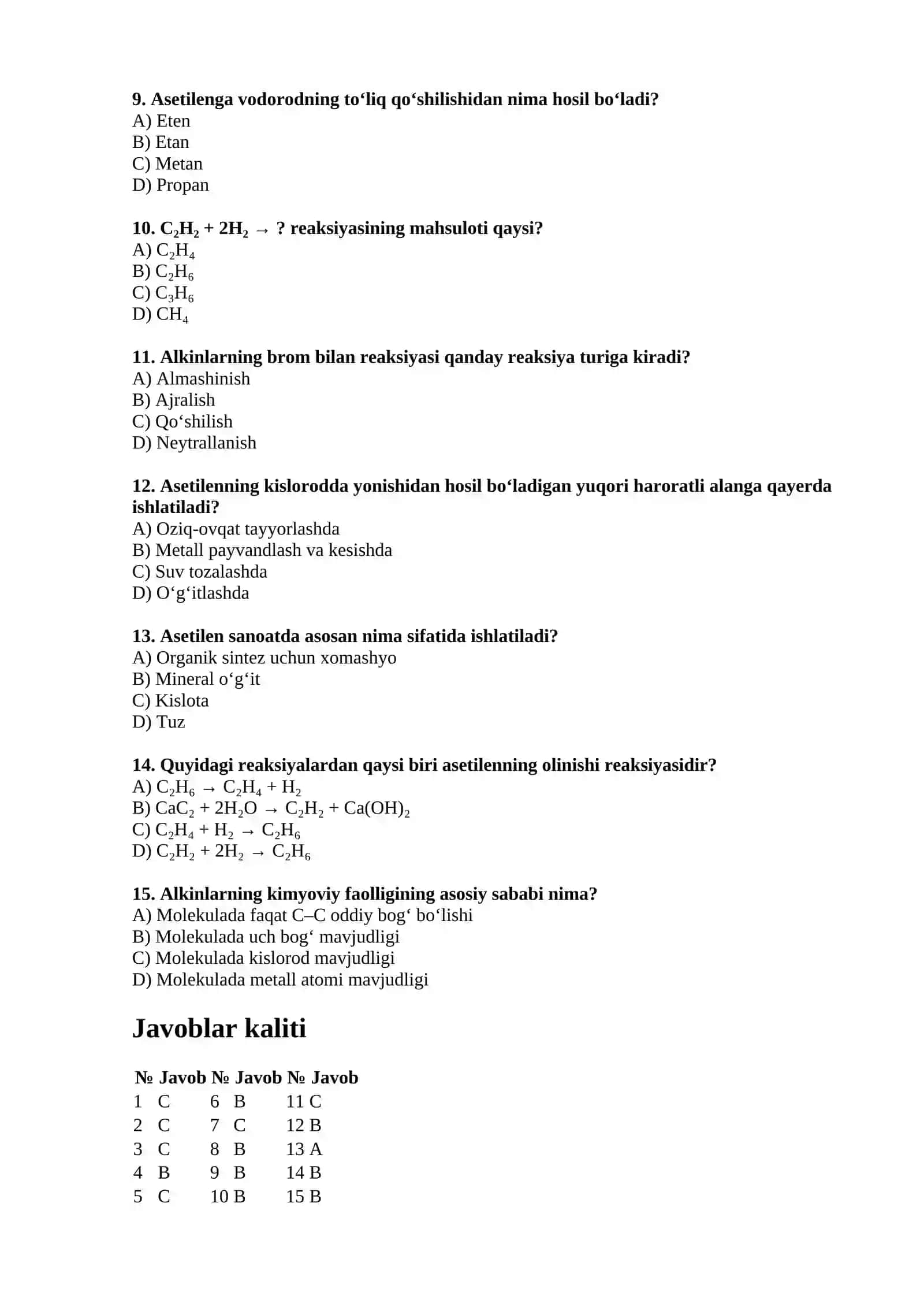 Alkinlarning olinishi, xossalari va ishlatilishi bo‘yicha 15 ta test 2