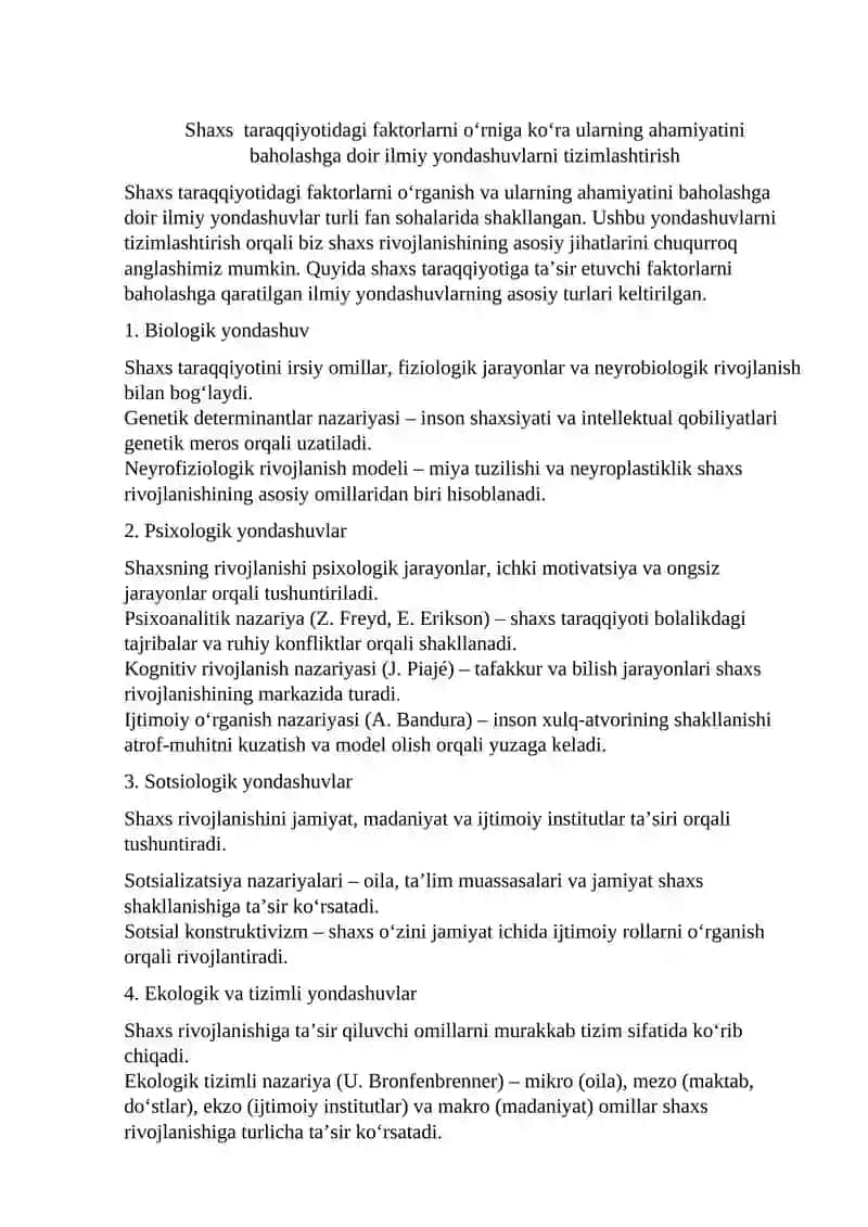 SHAXS SHAKLLANISHIGA TA’SIR KO’RSATUVCHI OMILLAR XUSUSYATINI USTUVORLIGI YOQLOVCHI YONDASHUV VAKILLARI KLASSIFIKATSIYASI 2