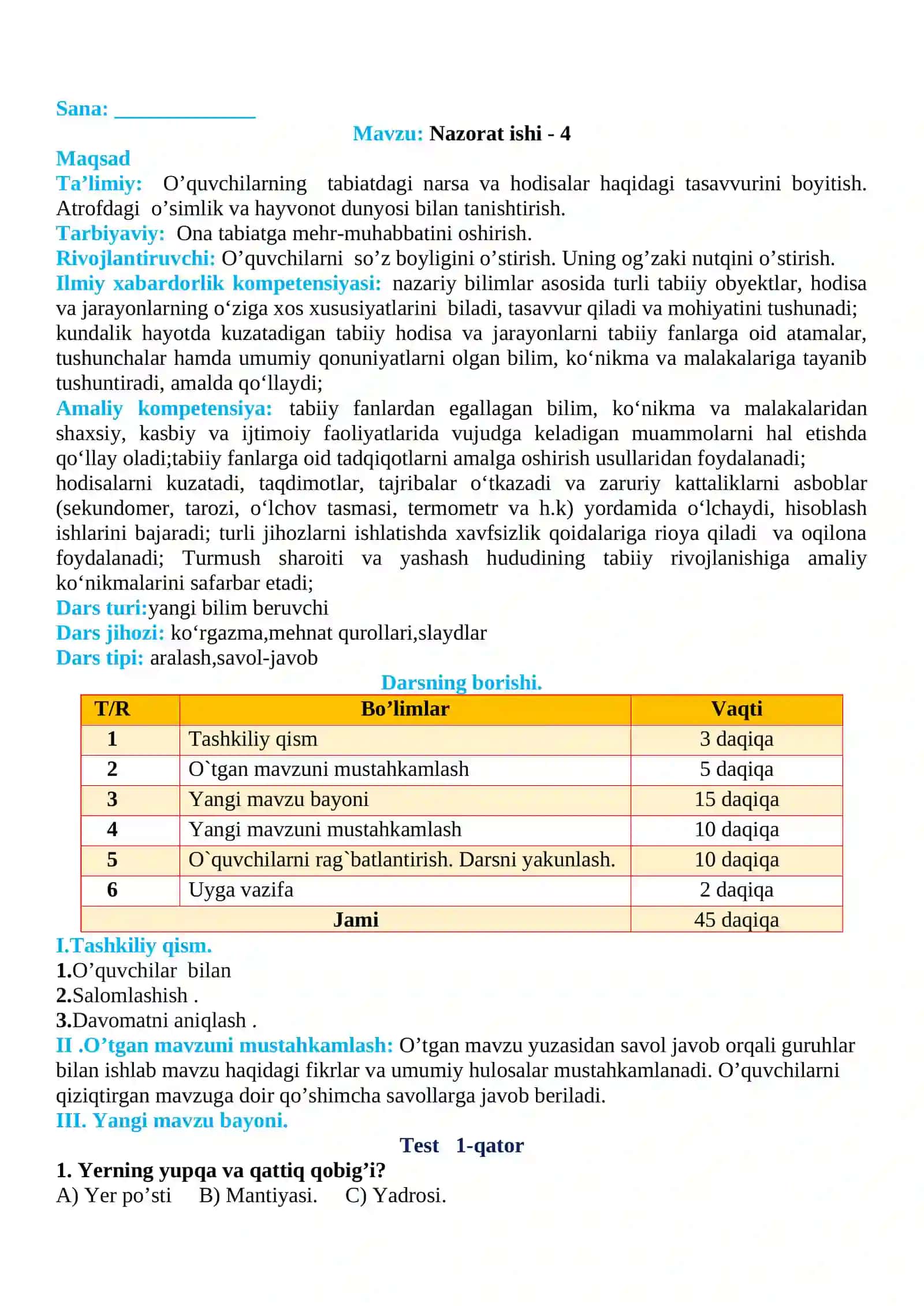 3-sinf Tabiiy fan (Science) 4-Nazorat ishi 2