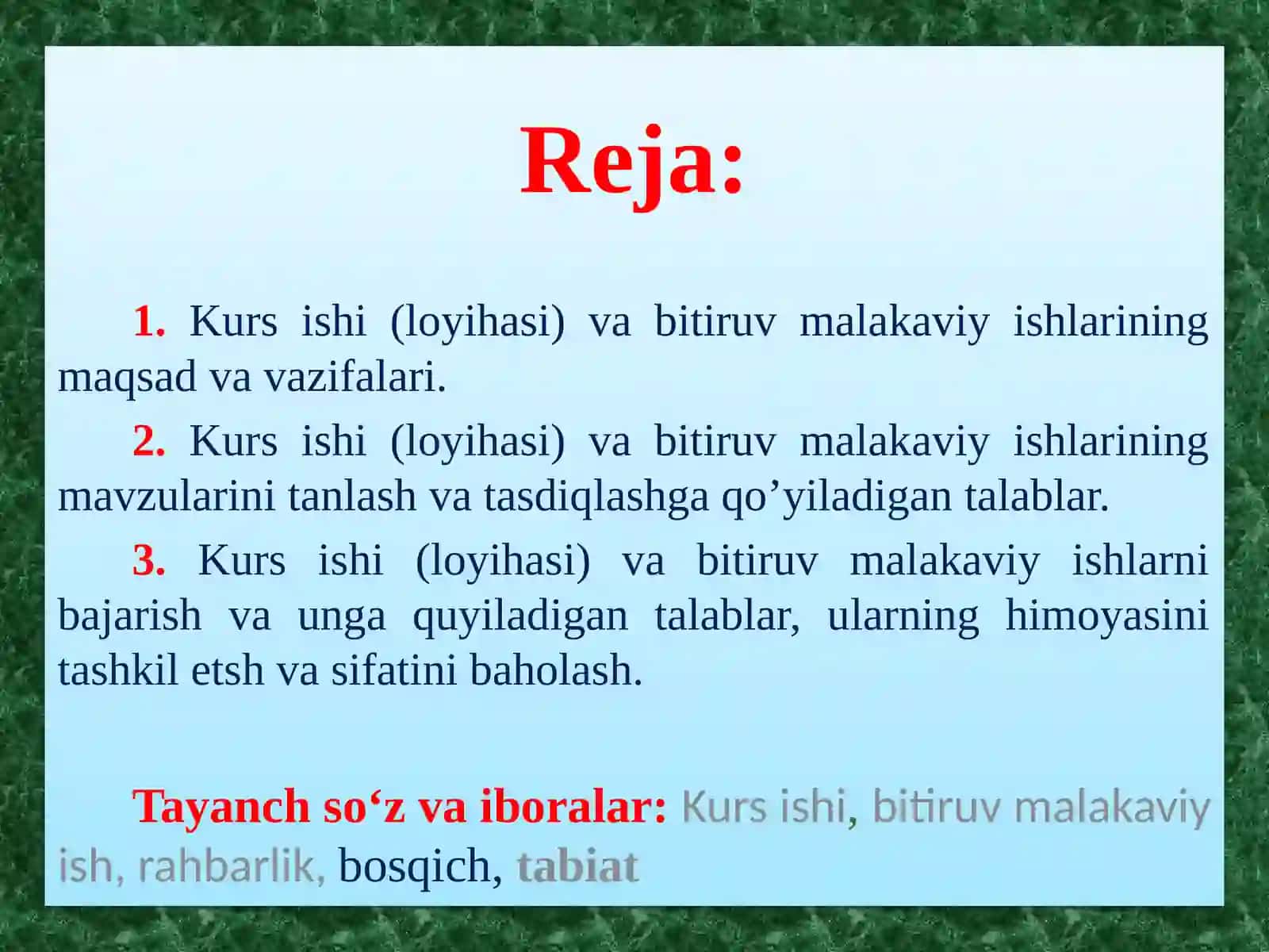 Kurs ishlar: Bitiruv malakaviyishlar mavzusi 2
