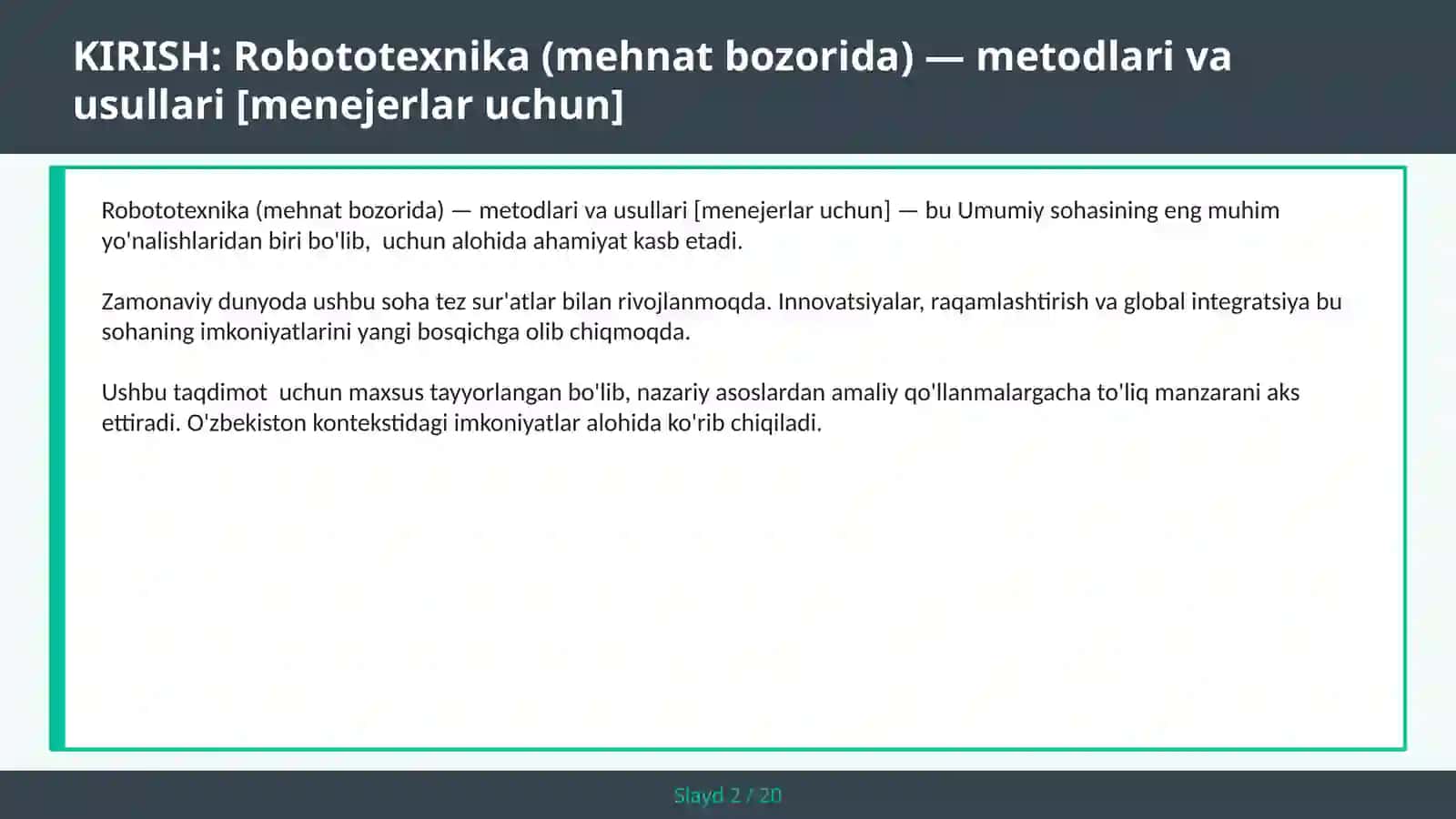 Robototexnika (mehnat bozorida) — metodlari va usullari [menejerlar uchun] 2