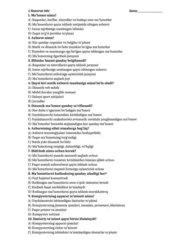 Informatika fanidan nazorat ishlar daftari 2
