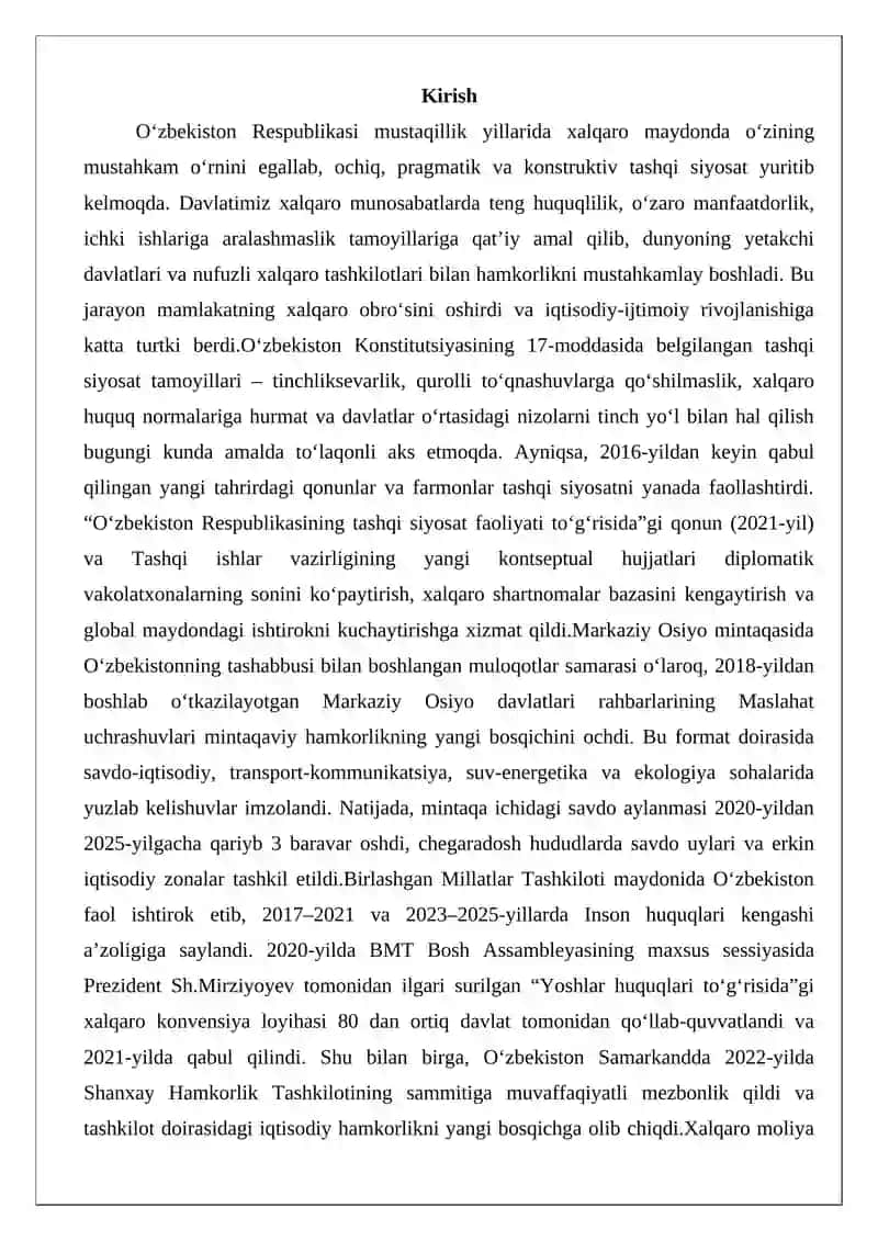 O‘zbekistonning xalqaro sohadagi yutuqlari 2