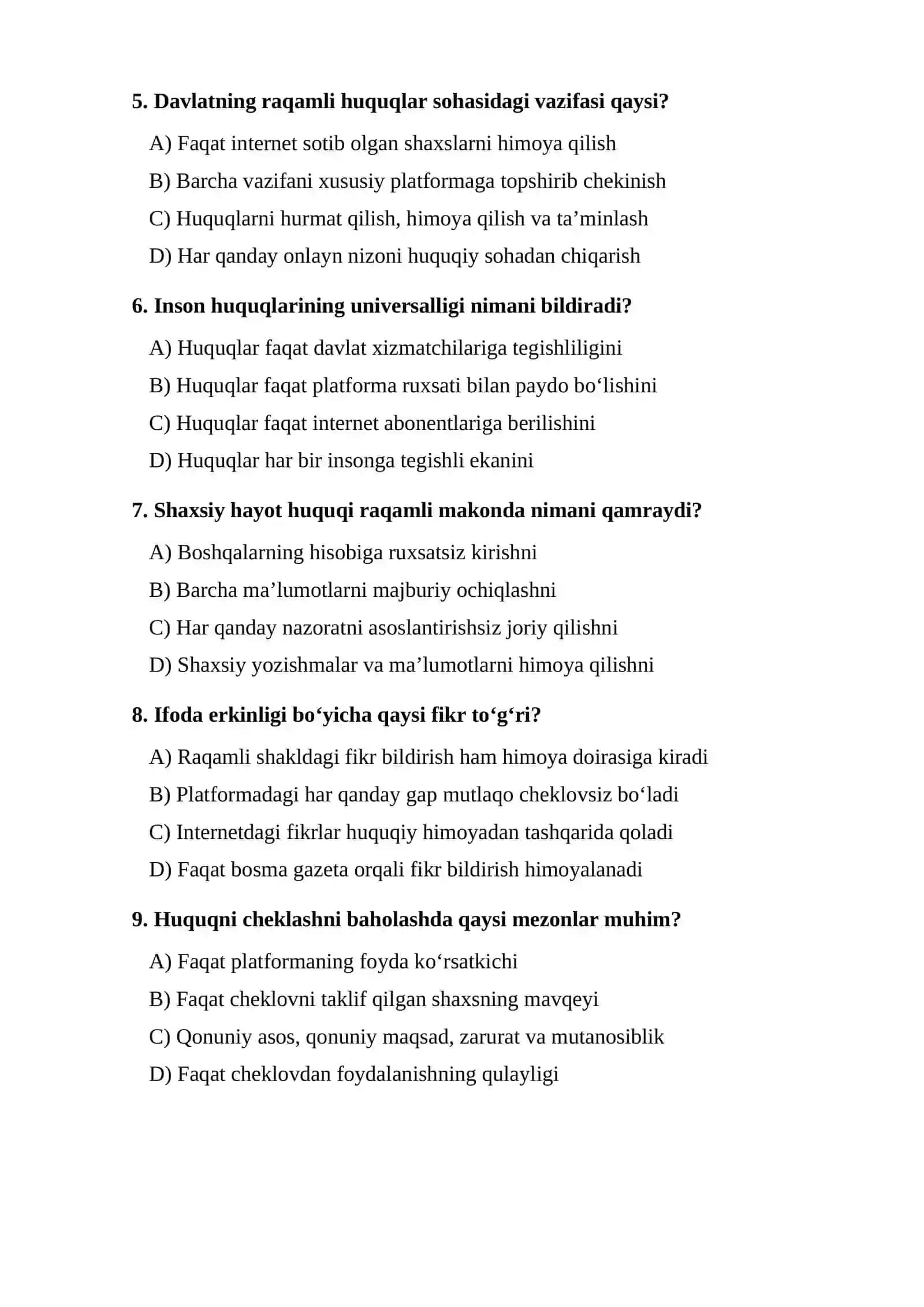 Raqamli asrda inson huquqlari mavzusi bo‘yicha TEST 2
