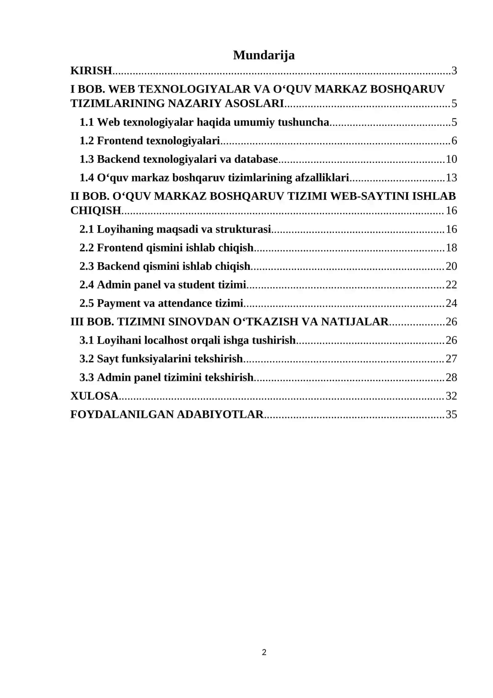 “O‘quv markaz uchun boshqaruv tizimi “ veb-saytini yaratish 2