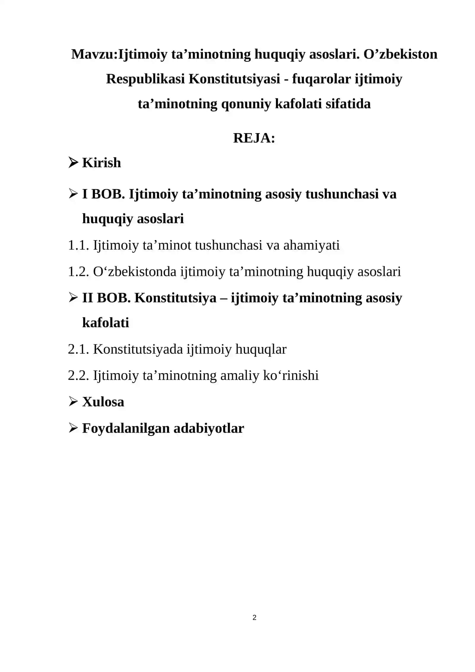 Ijtimoiy ta’minotning huquqiy asoslari. O’zbekiston Respublikasi Konstitutsiyasi 2