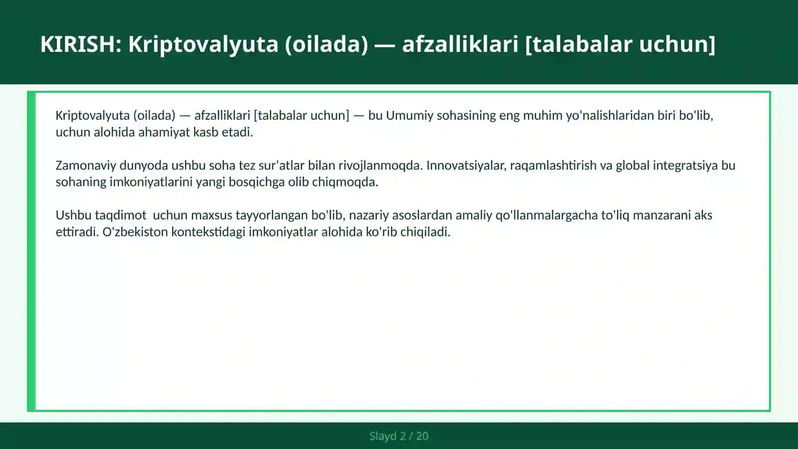 Kriptovalyuta (oilada) — afzalliklari [talabalar uchun] 2