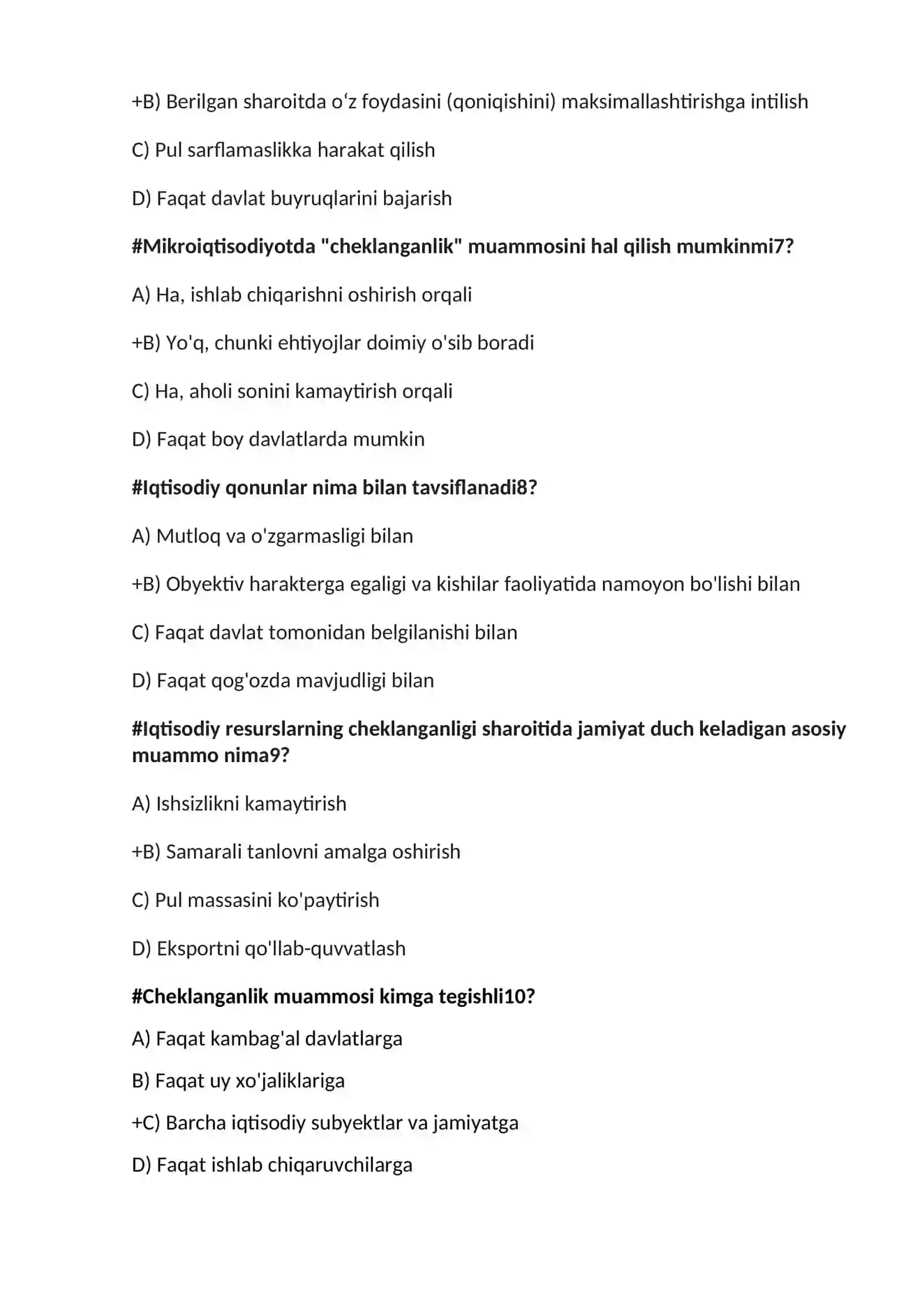 Mikroiqtisodiyot fanidan test savollar bazasi 2