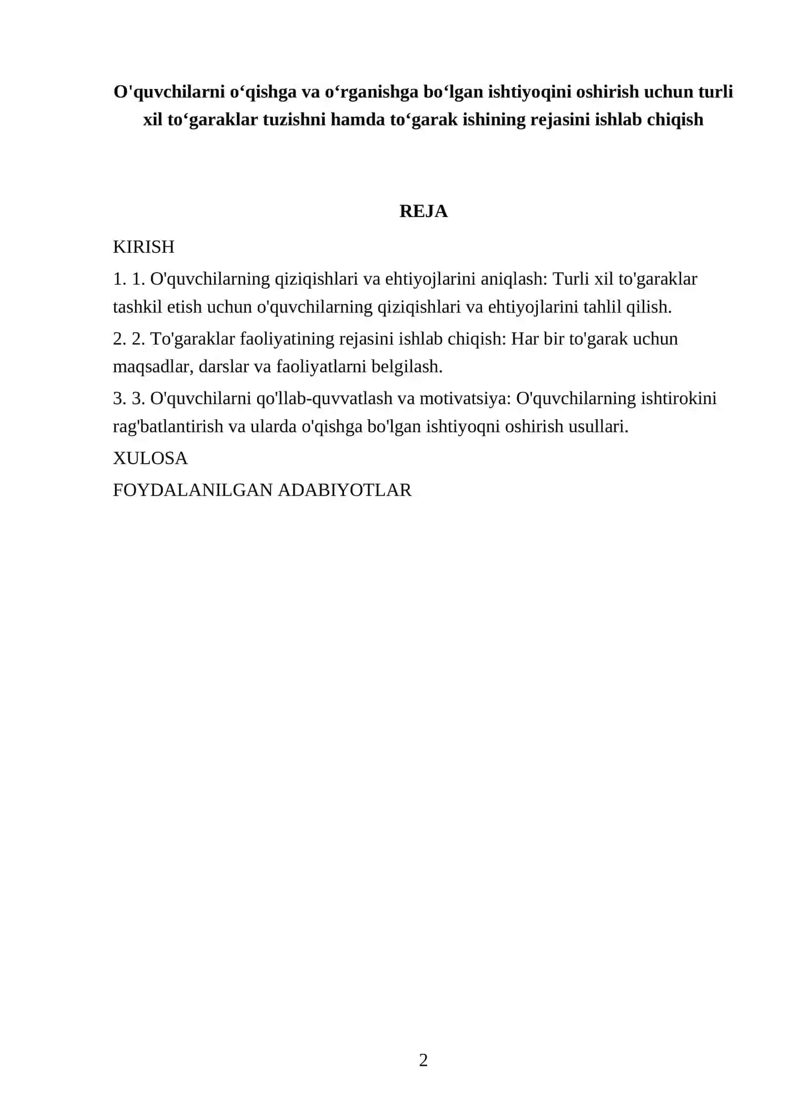 O'quvchilarni oʻqishga va oʻrganishga boʻlgan ishtiyoqini oshirish uchun turli xil toʻgaraklar tuzishni hamda toʻgarak ishining rejasini ishlab chiqish 2