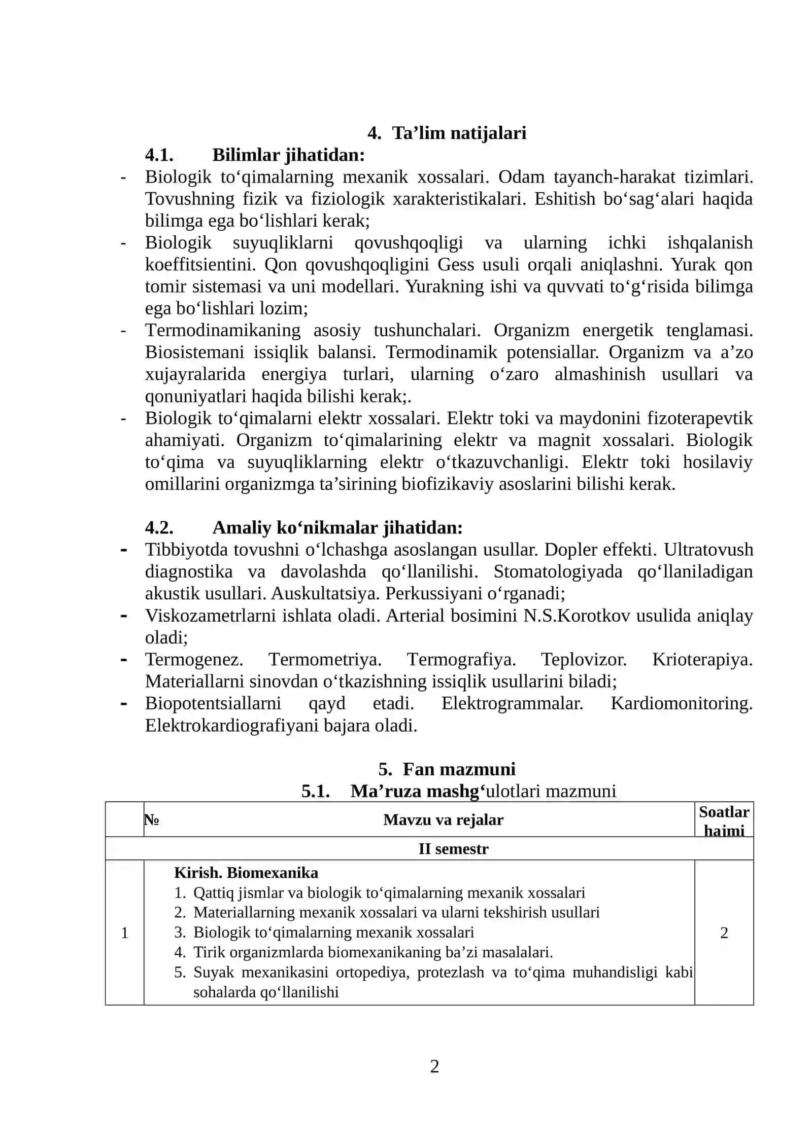 TIBBIY VA BIOLOGIK FIZIKA FANI BO‘YICHA SILLABUS 2