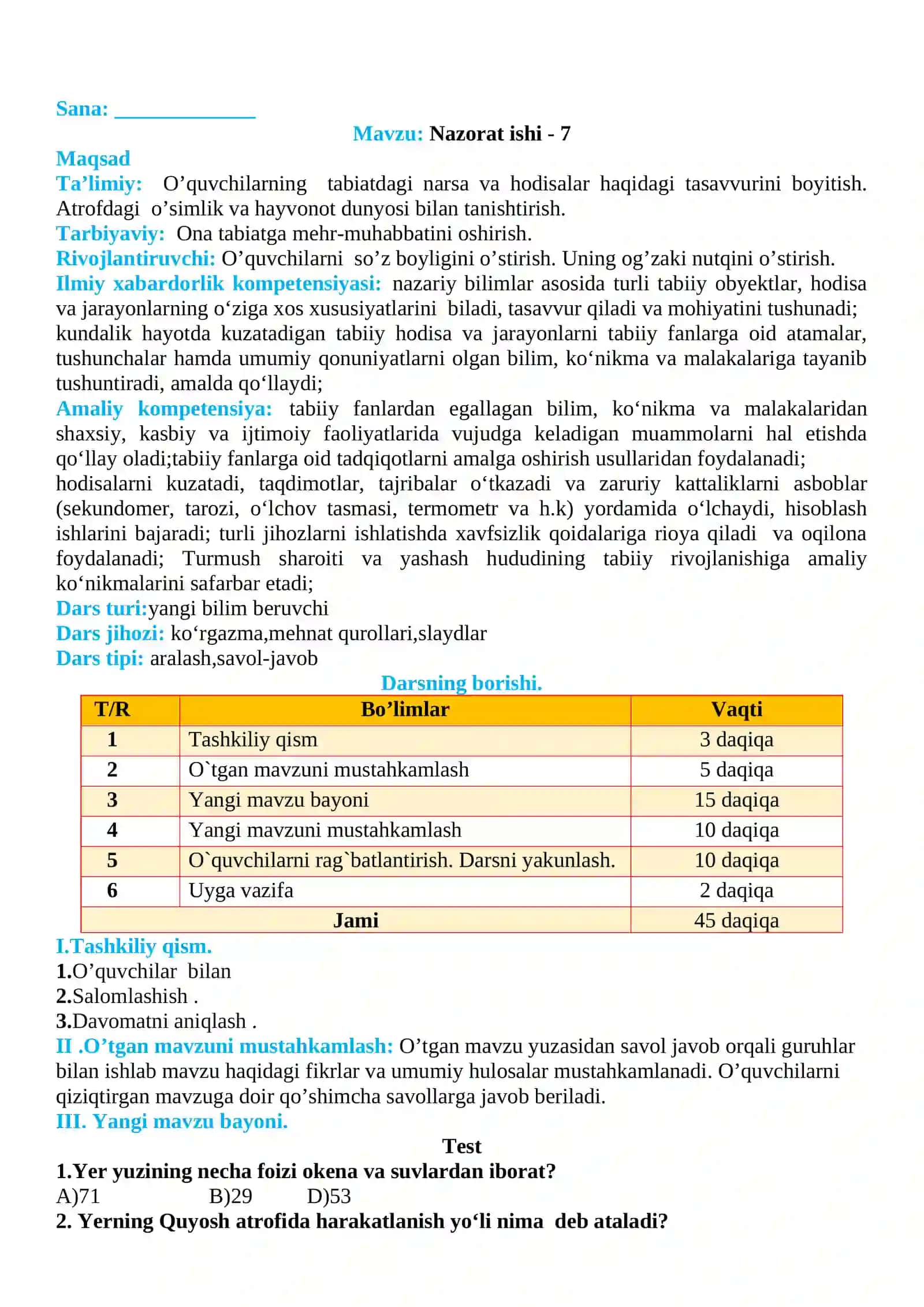 3-sinf Tabiiy fan (Science) 7-Nazorat ishi 2