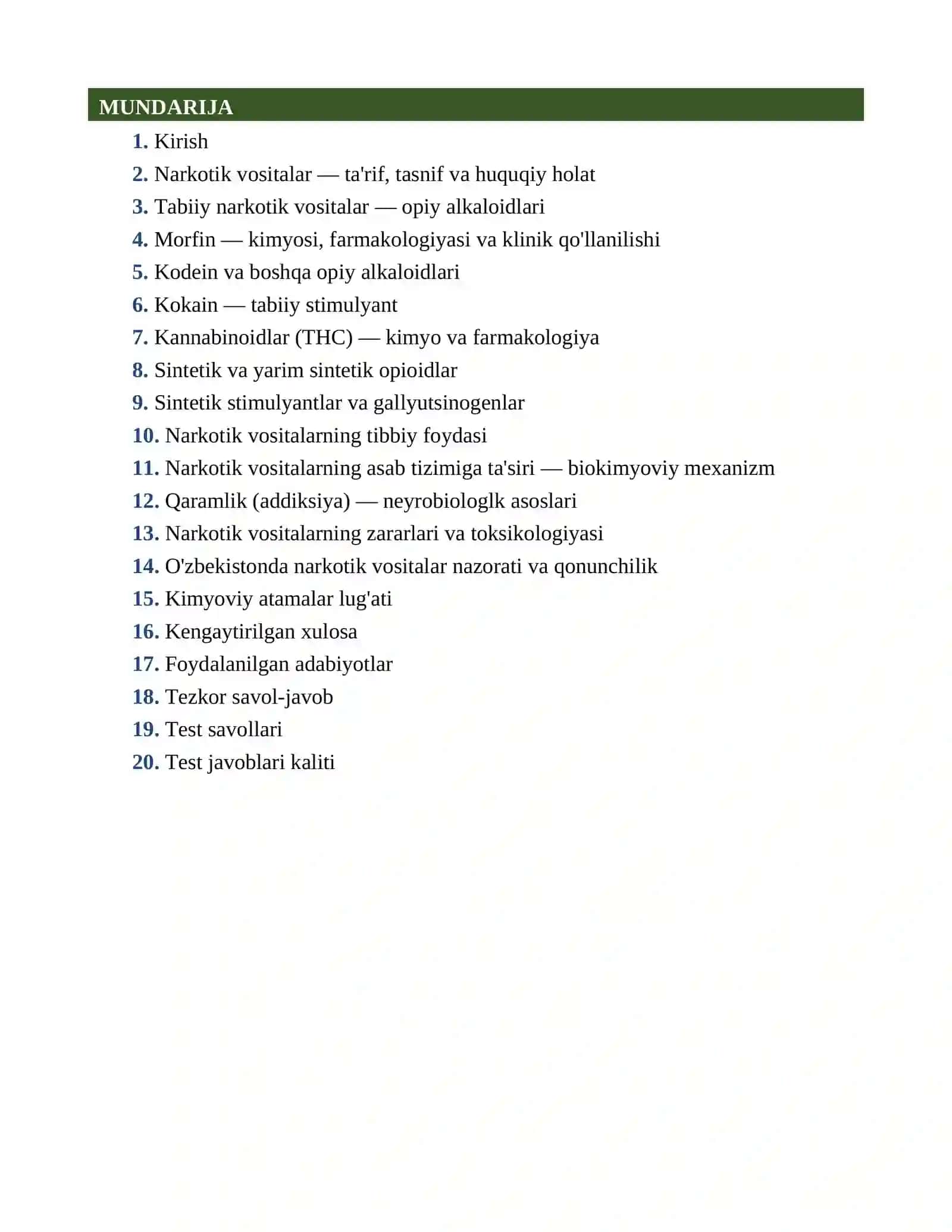 TABIIY VA SINTETIK NARKOTIK VOSITALAR: TIBBIY FOYDASI VA ZARARLARI mustaqil ish 2