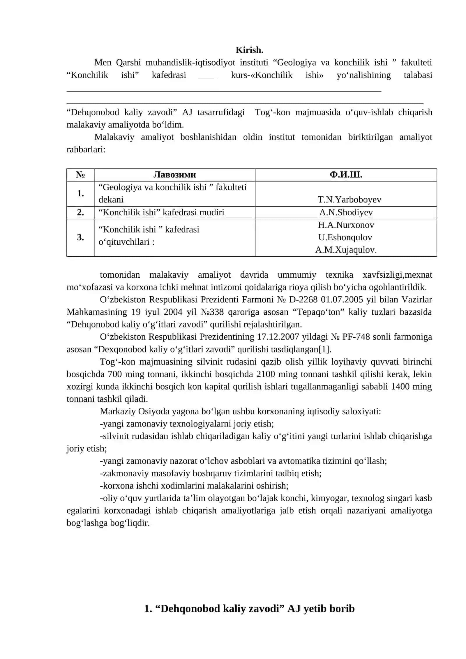 Men Qarshi muhandislik-iqtisodiyot instituti “Geologiya va konchilik ishi ” fakulteti “Konchilik ishi” kafedrasi ____ kurs-«Konchilik ishi» yo‘nalishining talabasi ________ 2