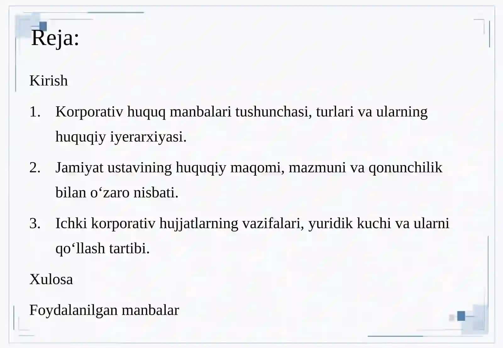 Korporativ huquq manbalari iyerarxiyasi: qonun, ustav va ichki korporativ hujjatlarning o‘zaro nisbati 2