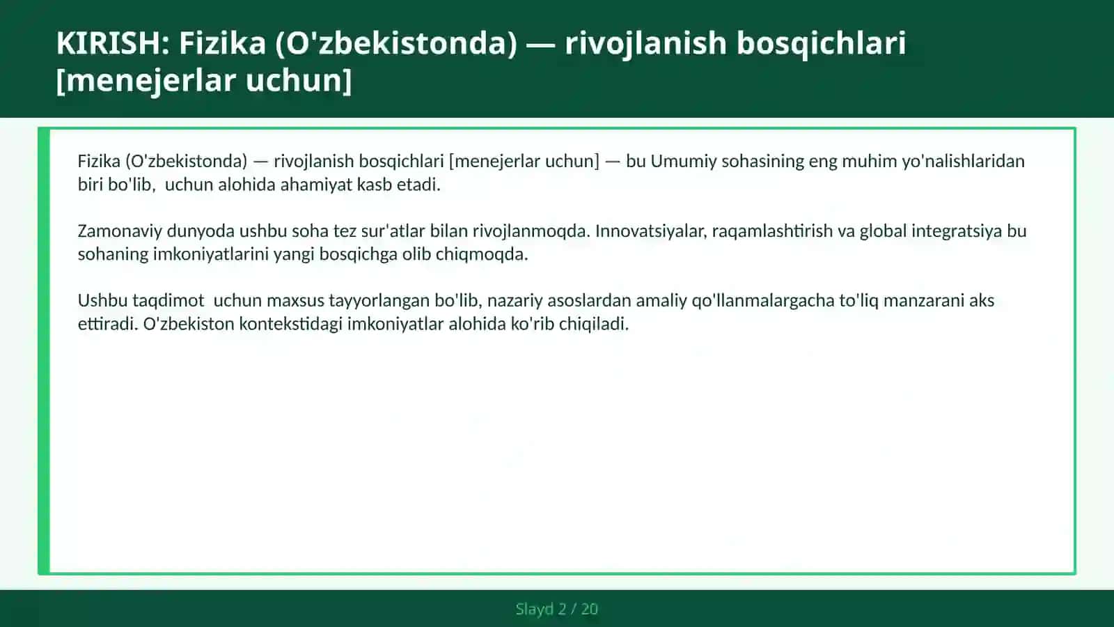 Fizika (O'zbekistonda) — rivojlanish bosqichlari [menejerlar uchun] 2